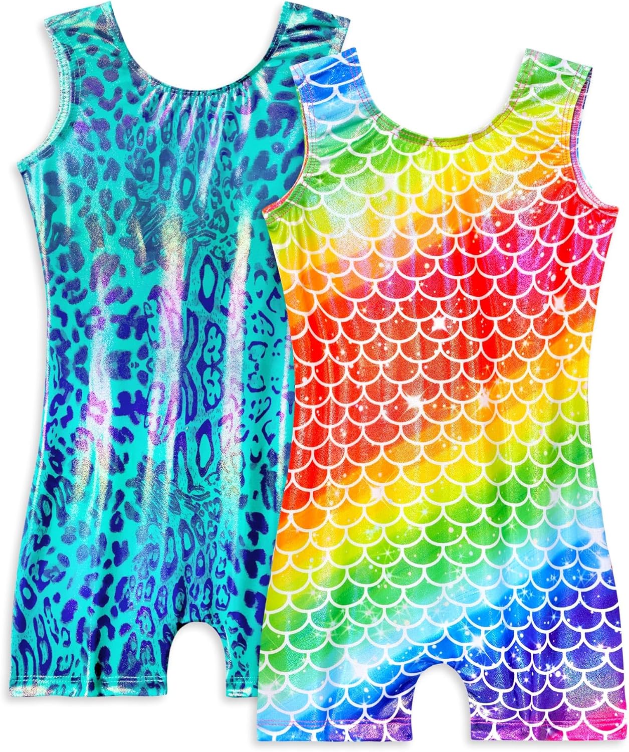 Snowheart Gymnastics Leotards for Girls - 2 Pack of Sparkly One-Piece Pro Kids Unitard Biketards with Shorts for Ages 2-9