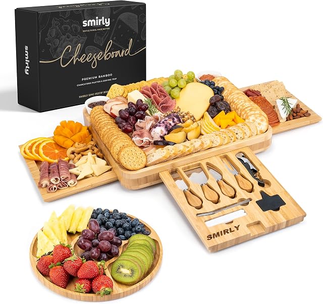 SMIRLY Bamboo Cheese Board and Knife Set: Extra Large Charcuterie Boards Set & Accessories, Unique House Warming Gifts, New Home, Anniversary Wedding Gifts for Couple, Bridal Shower Gift for Women