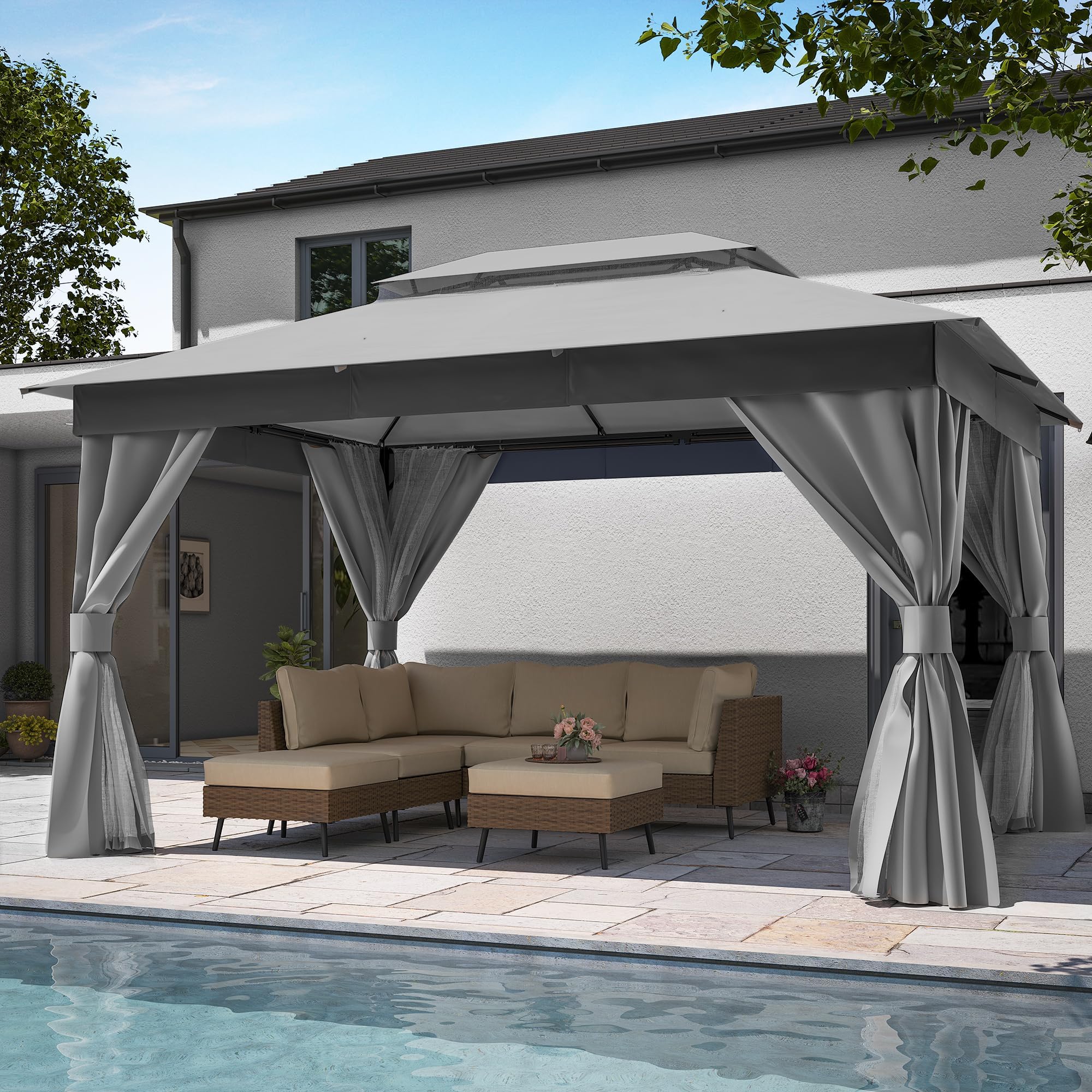 LAUSAINT HOME 10'x13' Outdoor Gazebo, Metal Frame Heavy Duty Patio Canopy Tent Shelter with Double Roofs, Mosquito Nettings and Privacy Screens for Backyard, Garden, Lawn, Gray