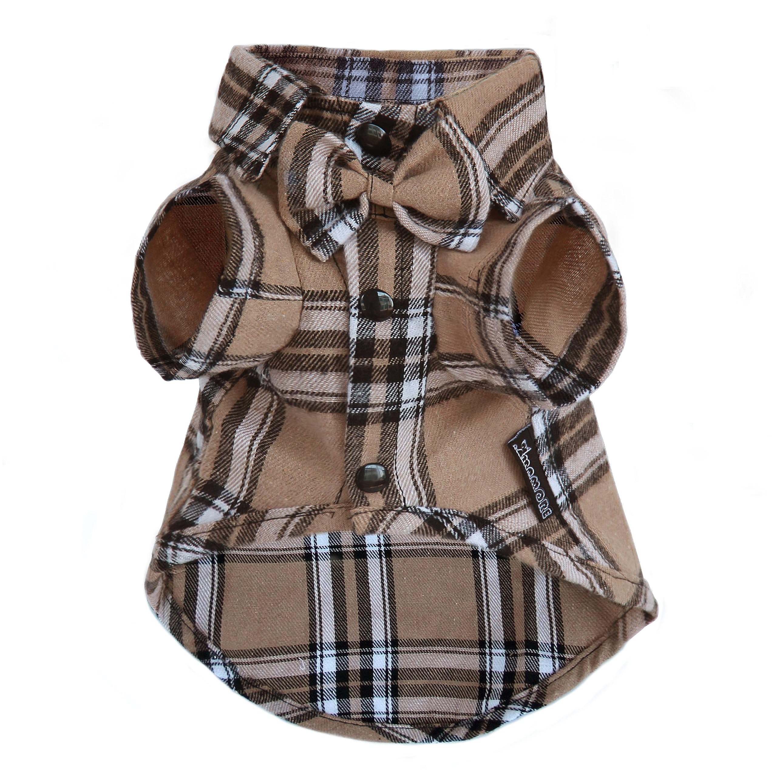 Soft Casual Dog Plaid Shirt,Gentle Western Pet Clothes, Dog Cotton Shirt with Bow Tie for Wedding,Christmas Costumes (Small, Dark Khaki)