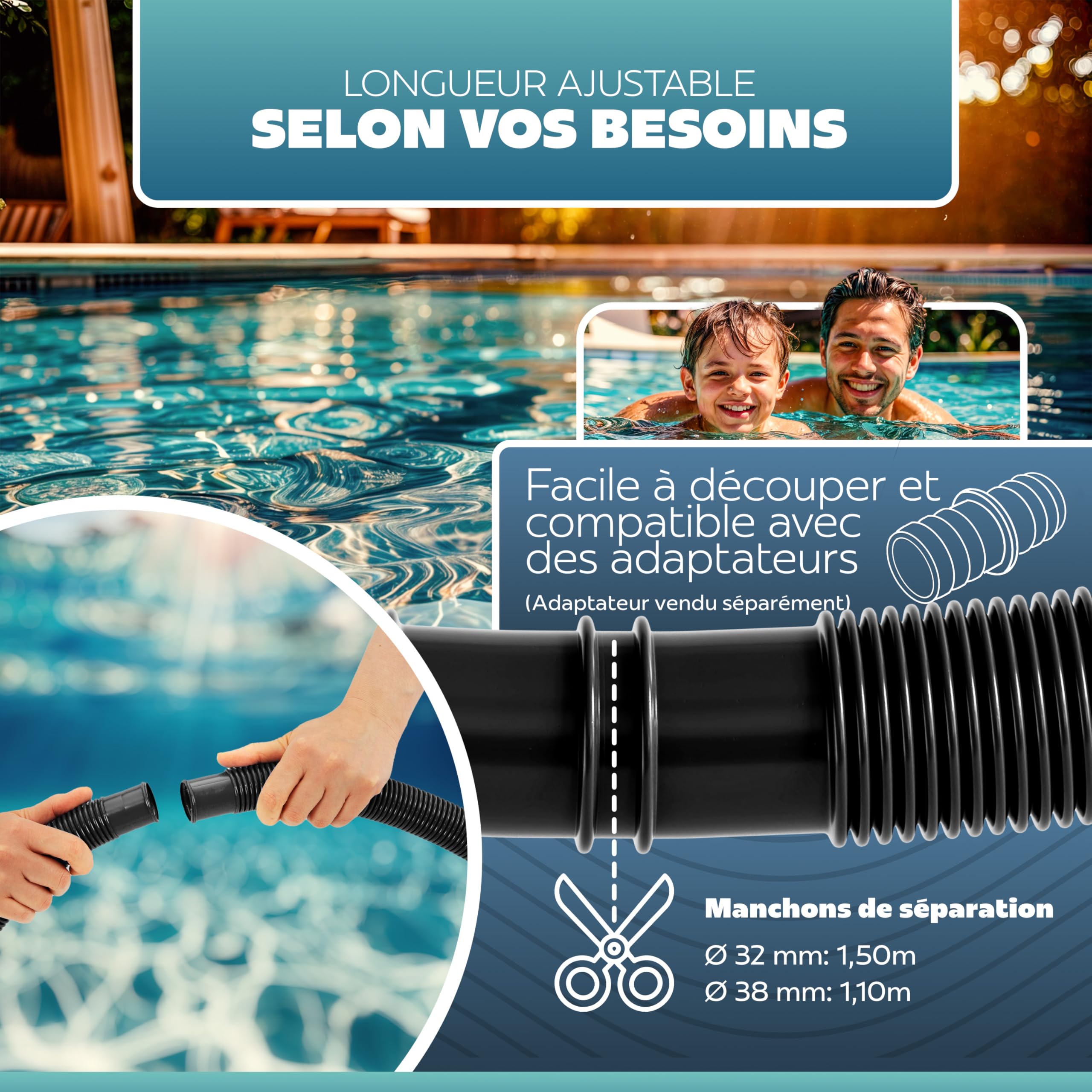 Tuyau Pour Piscine Noir, Tuyau Solaire, Ø 38 mm, Divisible tous les 158 cm, Longueur: 6,3 m
