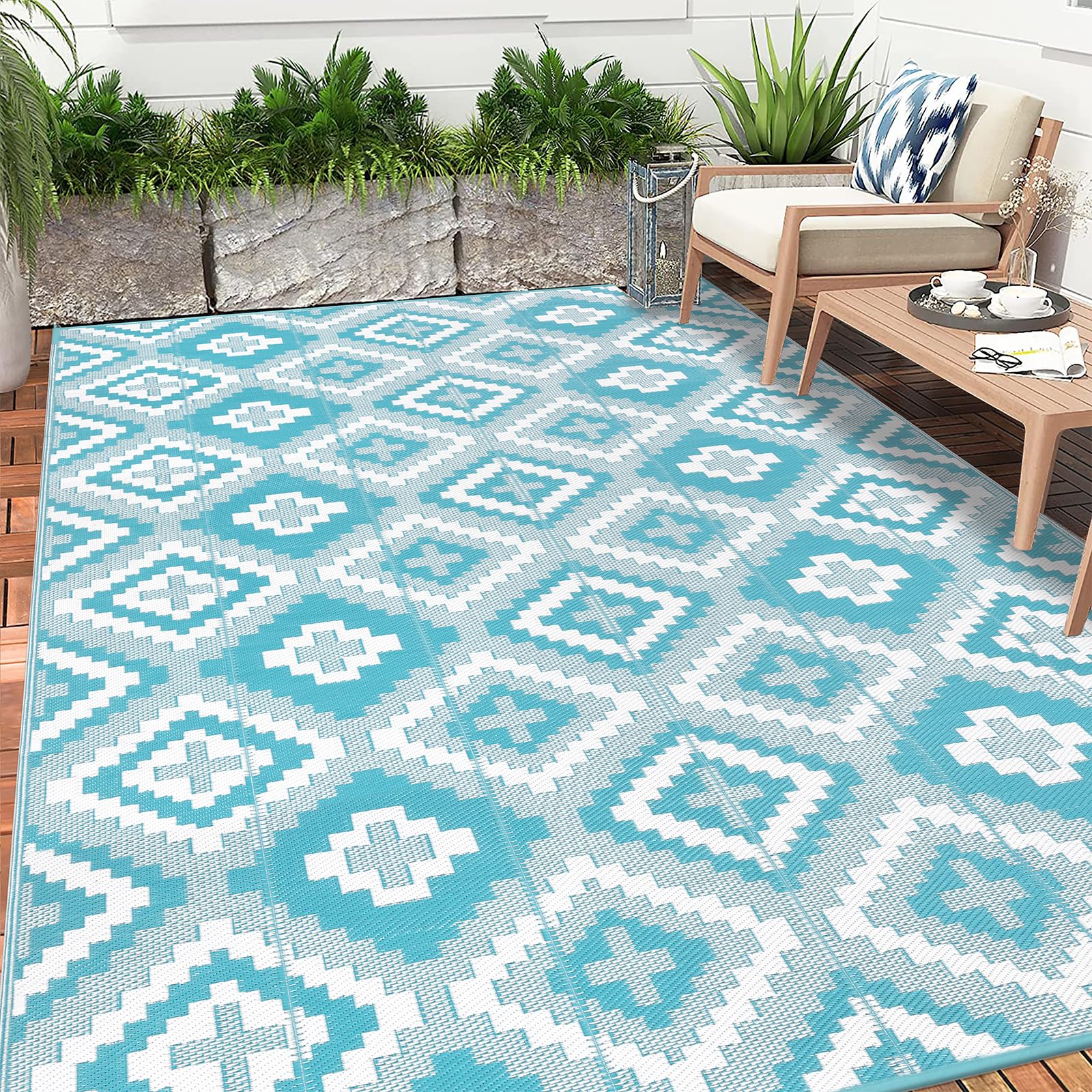 Enyhom Outdoor Rug Waterproof, 240 x 300cm Large Reversible RV Camping Mat, Plastic Straw Rug UV Resistant Garden Rug, Recycled Lightweight Portable Picnic Area Rugs for Porch Backyard BBQ, Turquoise