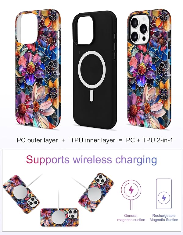 Jusy Compatible with MagSafe Purple Flower Case for iPhone 15, Aesthetic Stained Glass Floral Magnetic Phone Case, Soft TPU and Hard PC Protective Cover for Women Girls (Shiny) - Purple Flower by Jusy - Used condition - Image 2