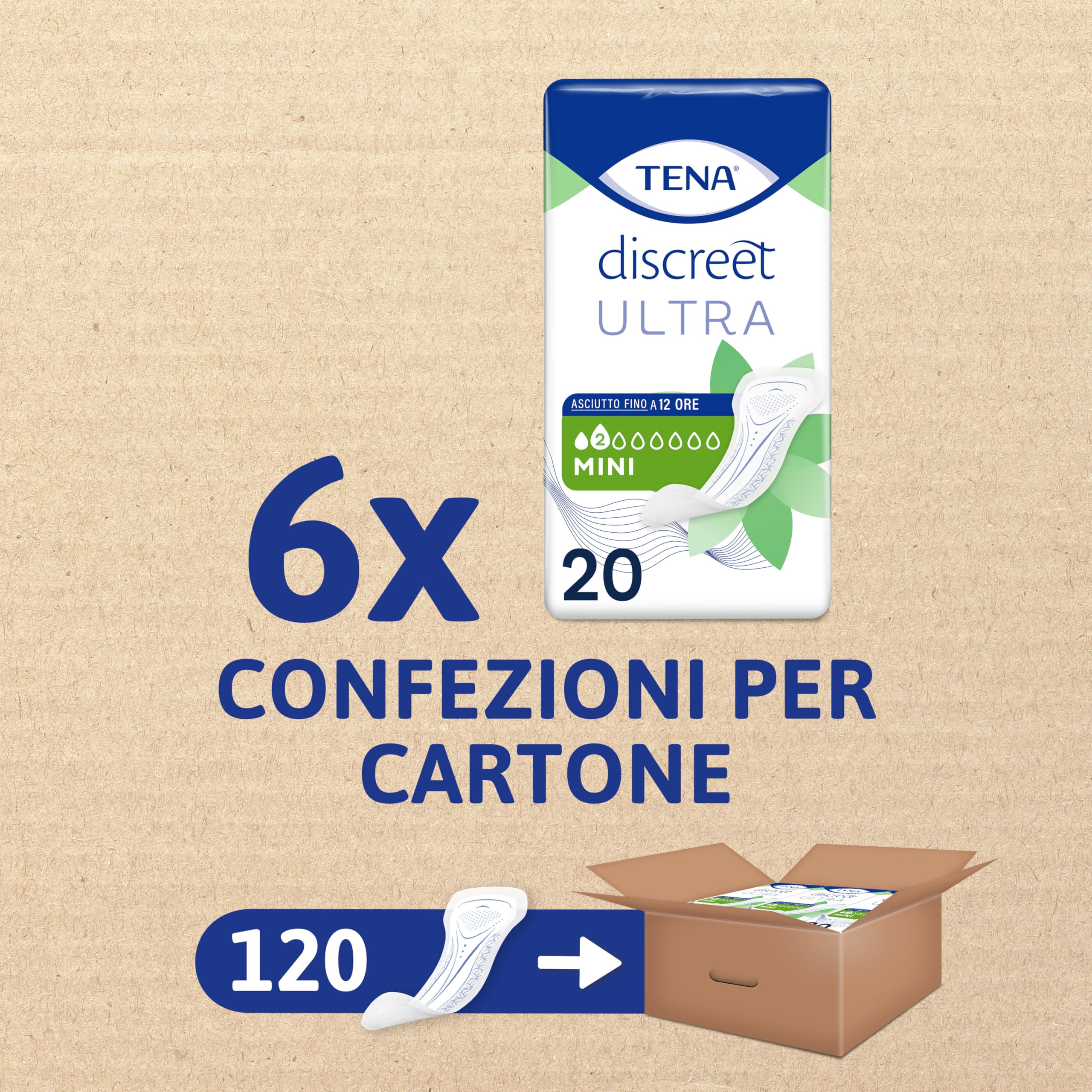 TENA Discreet Mini Ultra Pacco Scorta Mensile - Assorbenti per perdite urinarie femminili, discreti e confortevoli, 6 confezioni x 20 pezzi