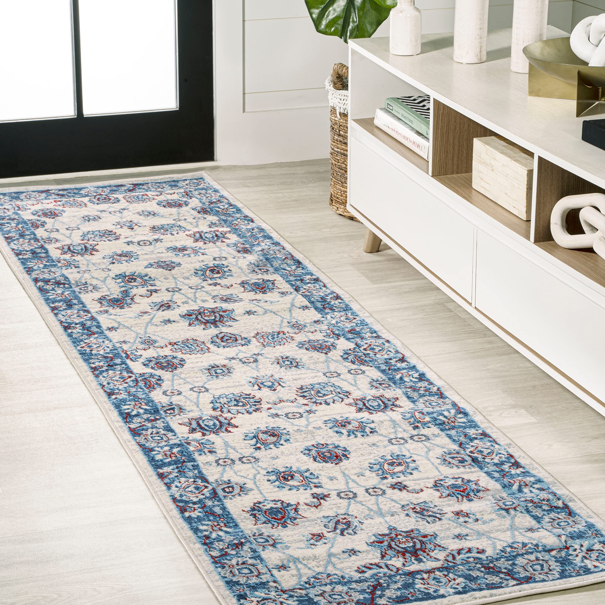 JONATHAN Y MDP101C-28 Modern Vintage Moroccan Traditional Indoor Runner Rug Floral Easy-Cleaning Bedroom Kitchen Living Room, 2 X 8, Blue/Ivory/Red