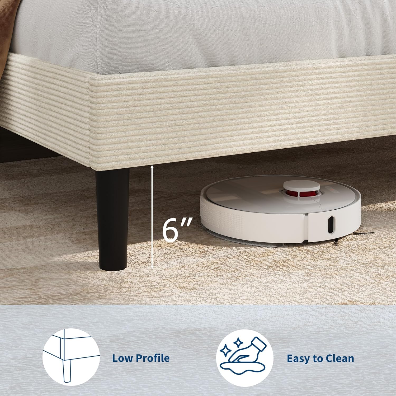 Garvee Full Size Bed Frame with USB Charging Station, Corduroy Upholstered Platform Bed Frame with Adjustable Storage Headboard, Wooden Slats Support, No Box Spring Needed, Easy Assembly, Beige