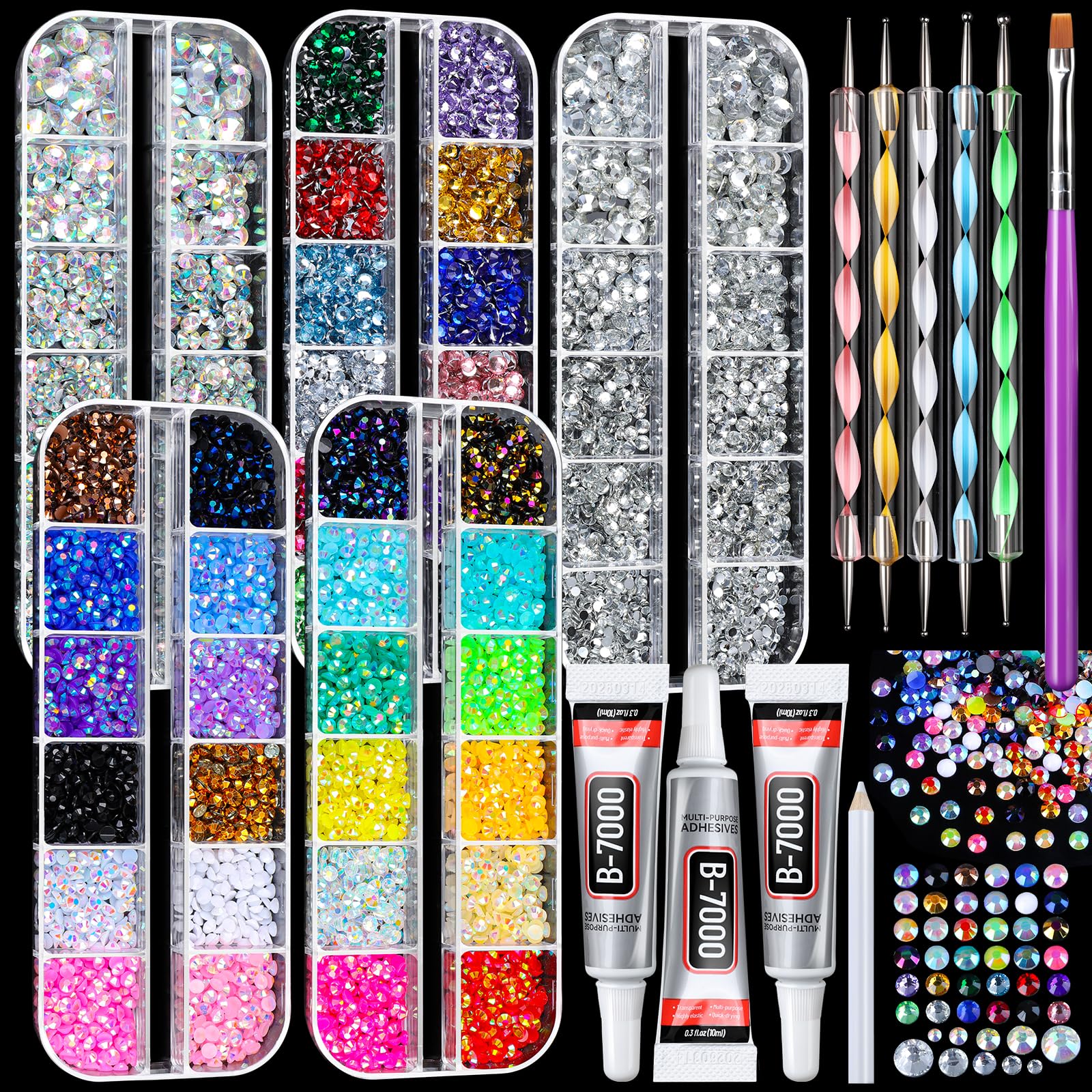 FANDAMEI 5 Boxes 10000PCS Bedazzling Kit, Multi-color Rhinestones for Bedazzling with Jewelry Glue, Flat Back Resin Jelly Gems for Crafts, Nail Rhinestones with Nail Brushes, Dotting Tools