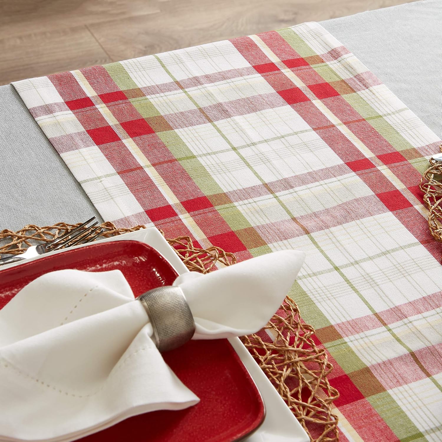 DII Orchard Plaid Collection Linen Tabletop Essentials, Table Runner, 14x72, Taupe/Red
