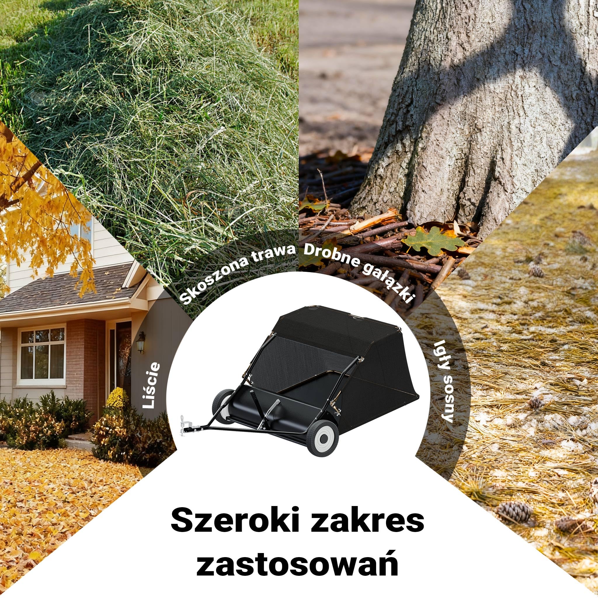 Wiltec Zamiatarka do liści i trawy do traktorka i quada 105 cm, zbieracz do liści z koszem 365 l, wytrzymała konstrukcja idealna do dużych terenów