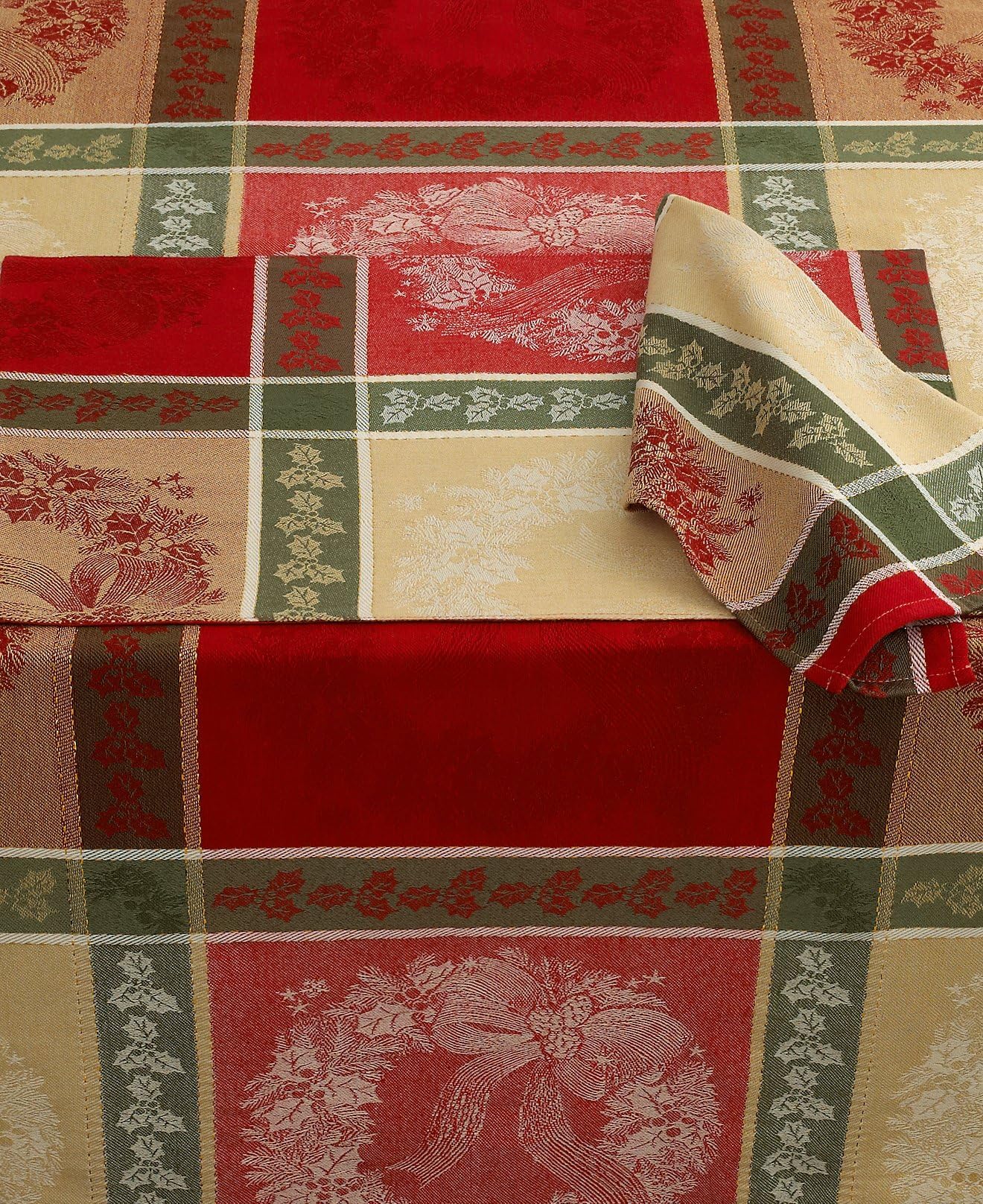 Holiday Holly Wreath 70" Jacquard Plaid Table Runner