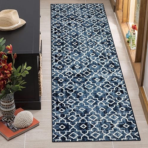 Wonnitar Moroccan Washable Runner Rug - 2x7 Post Blue Kitchen Rug Runners,Non-Slip Geometric Distressed Carpet Runner for Hallway,Soft Neutral Laundry Mat for Bedroom Bathroom Entrance