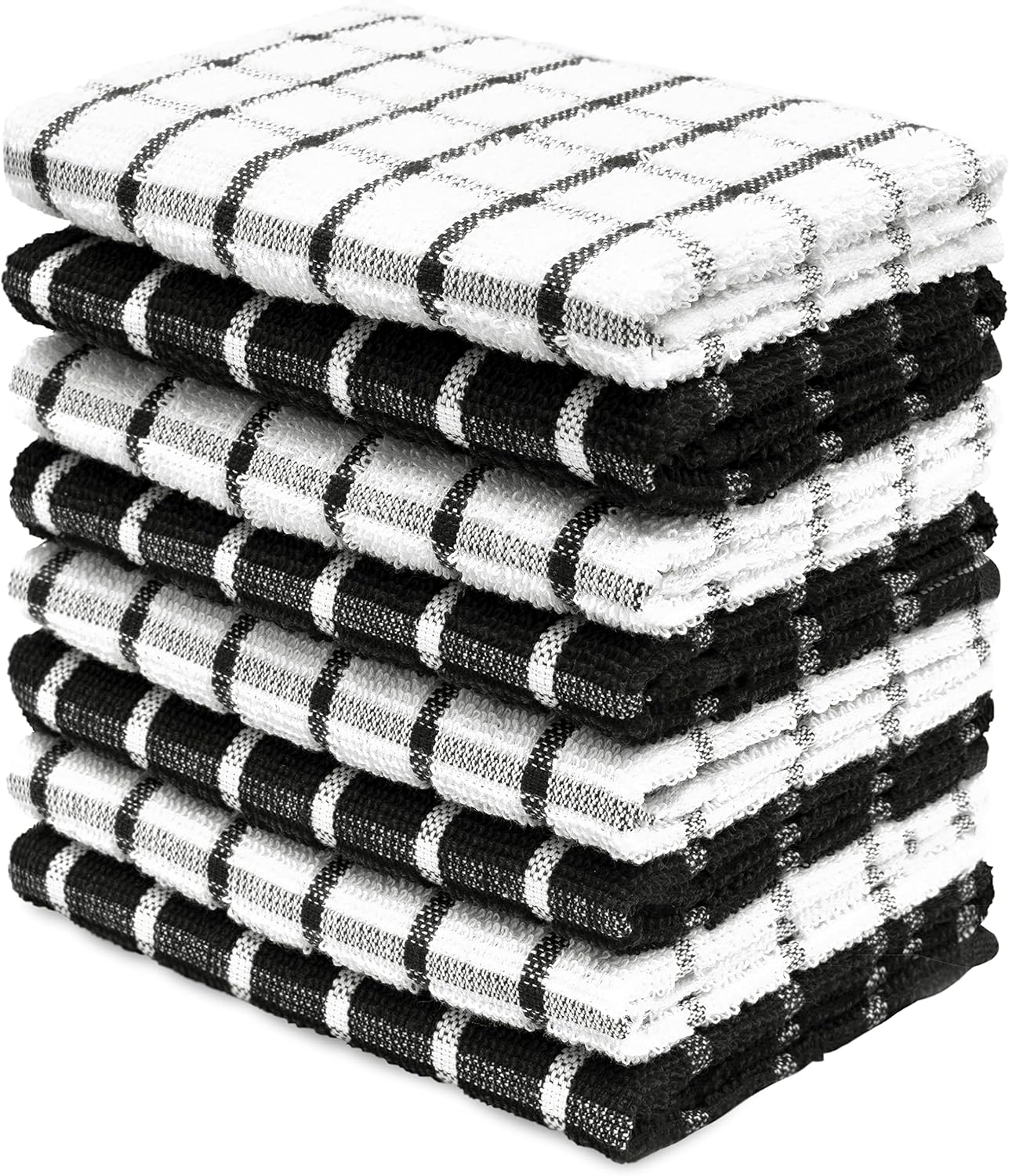 DAILY HOME ESSENTIALS - 8 Pack Cotton Terry Dish Cloth Set (12 x 12 inch - Black, Checked Design) | Quick Dry Kitchen Rag | Absorbent Cafe, Bar & Restaurant Cleaning WashCloth