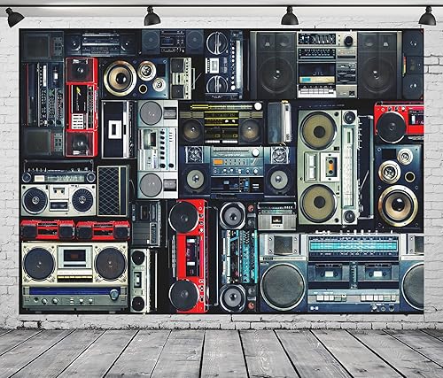 BELECO Telón retro de pared de 7 x 5 pies con fondo de radio de los 80, cajas de sonido Boombox Vintage 70s Back to 80s 90s Party Music DJ