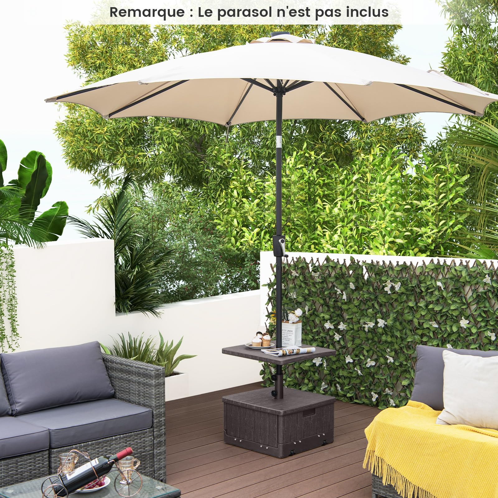 Pied De Parasol Carré Avec Plateau Table Et Roues | Base Remplissable Eau/Sable 45 L / 67 Kg | HDPE Résistant Pour Jardin, Terrasse