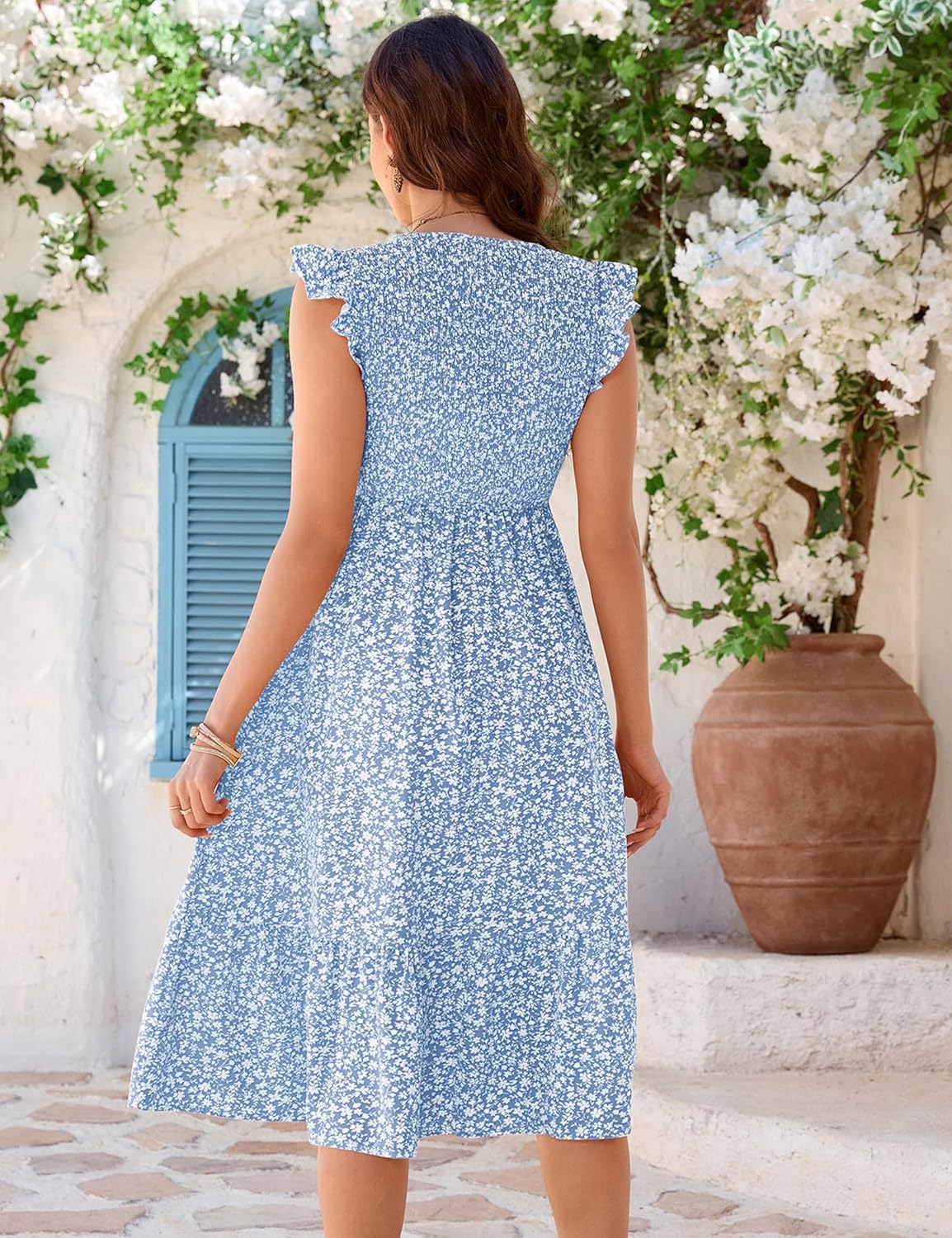 Yesfashion Women Maternity Smocked Ruffle Cap Short Sleeve Button Boho Summer Maxi Dress Casual V Neck Long Dress Baby Shower
