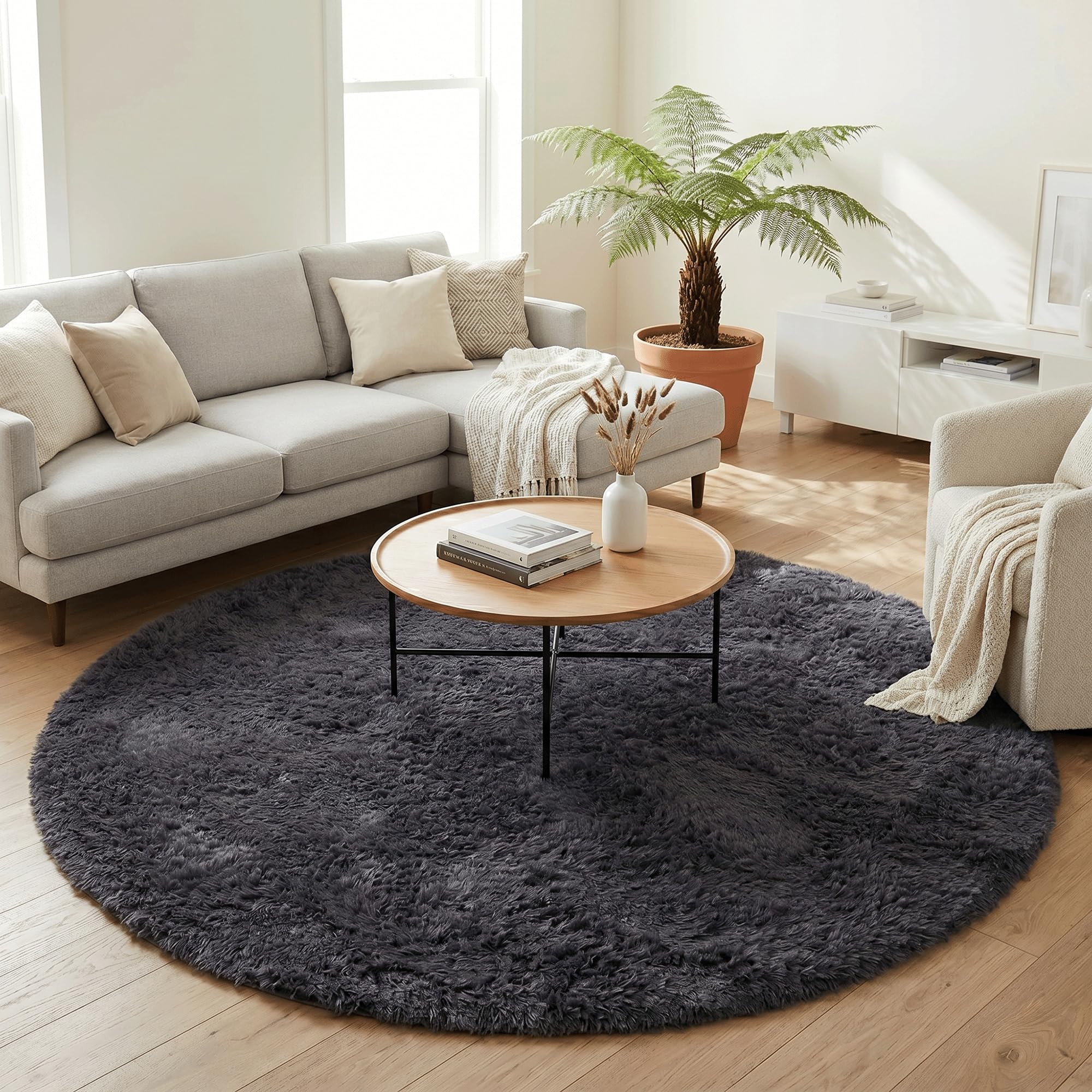 Pergamon Tapis Shaggy Fluffy Rond Anthracite – Tapis à Poils Longs Extra Doux, Tapis de Salon Moderne, Moelleux et Facile d’Entretien