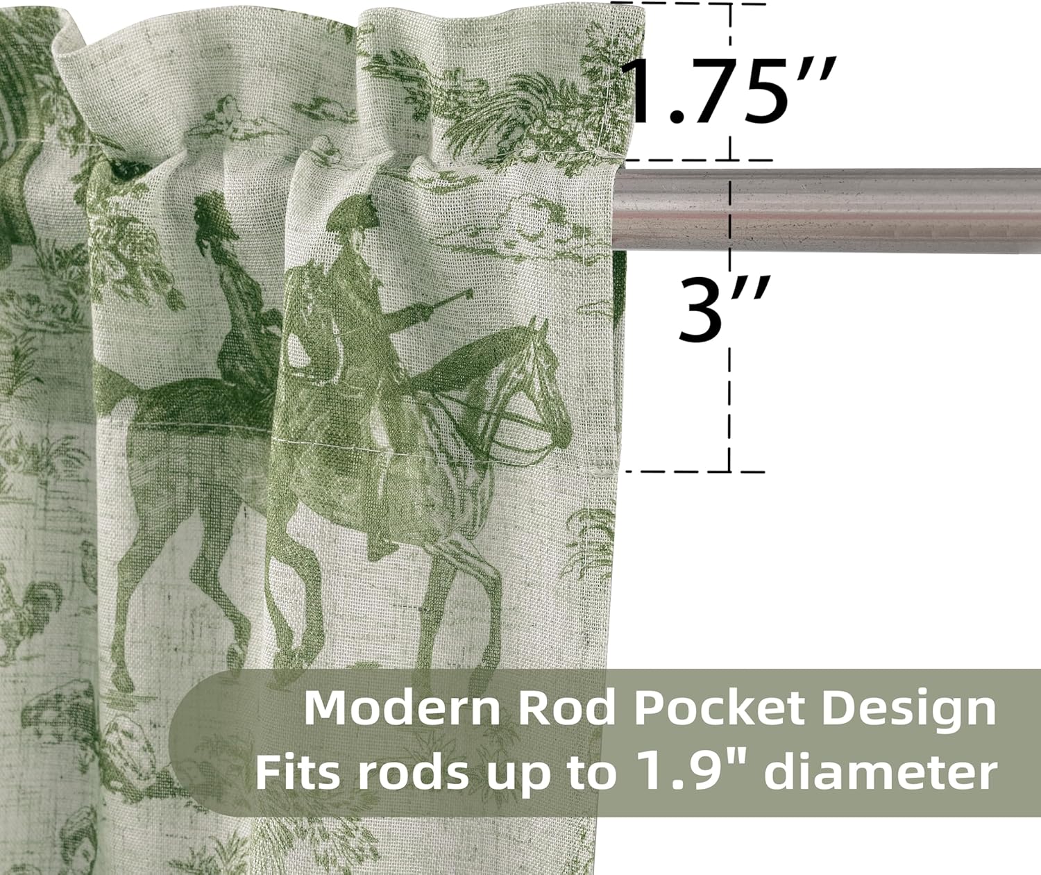 DriftAway Kitchen Curtains Toile Tier Linen Short Curtains Cafe 36 Inch Length for Living Room Bathroom Farmhouse French Country Vintage Printed Pattern Rod Pocket 2 Panels Loden Green