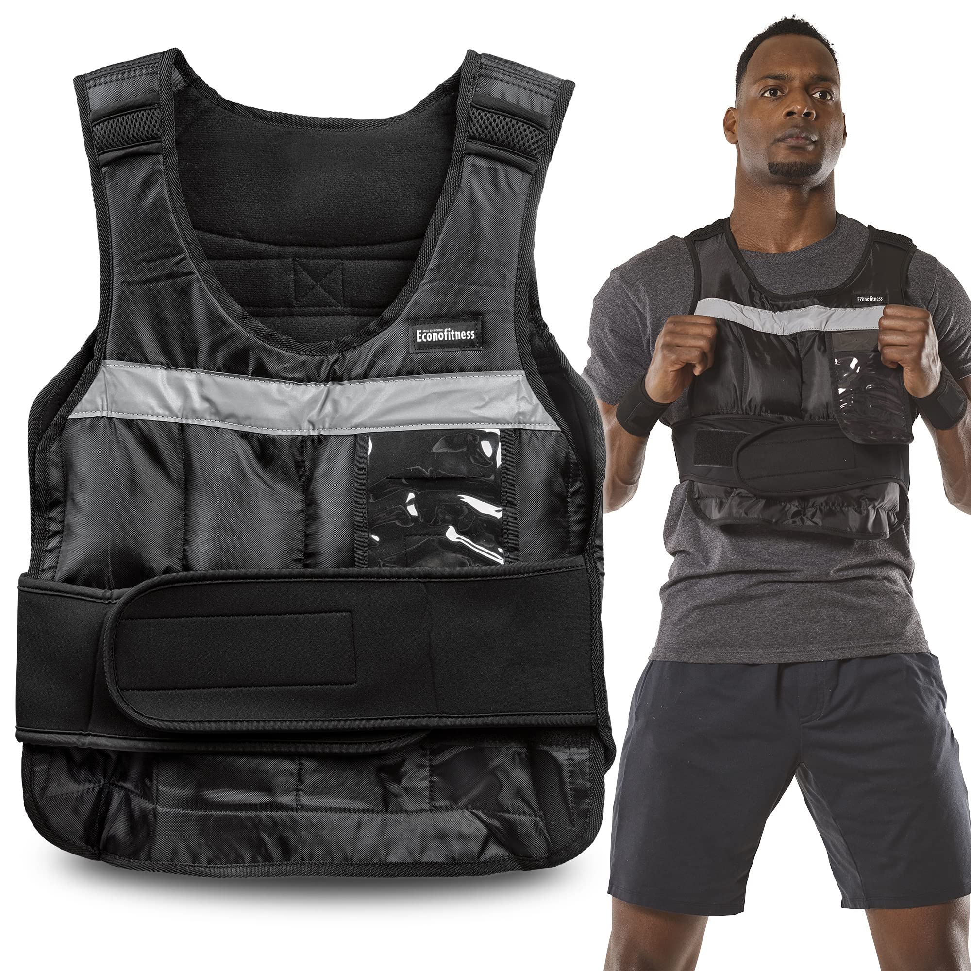 Econofitness Adjustable Weighted Vest - 1.25 To 20 Lbs, With Reflective Strips & Phone Pocket