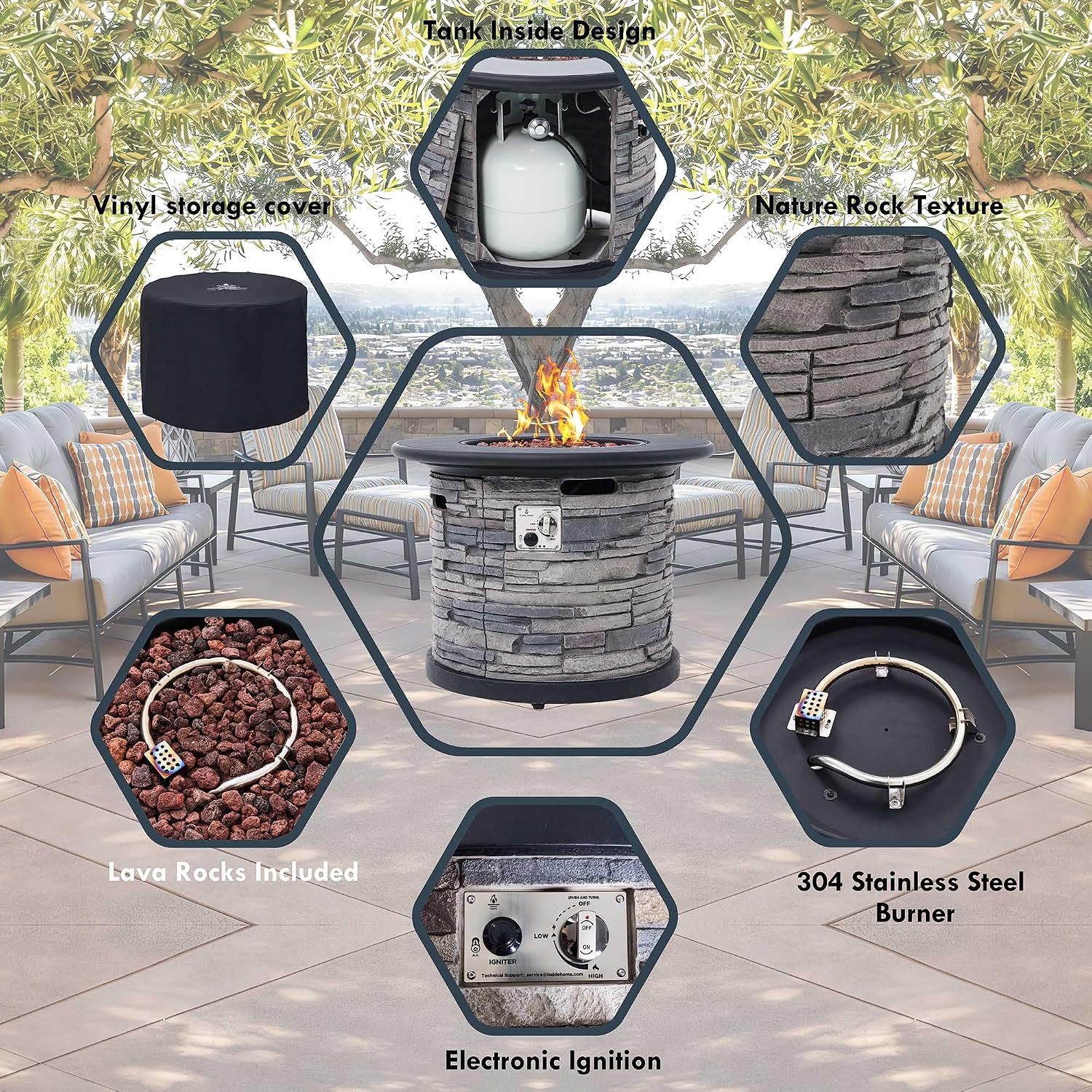 32-Inch Outdoor Porcelain Tile Gas Fire Table, 50,000 BTU Round Propane Fire Pit Table, Concrete Composite Firepit Base with Faux Stacked Stone Texture, Lid, Lava Rocks, Push-Button Ignition, Cover