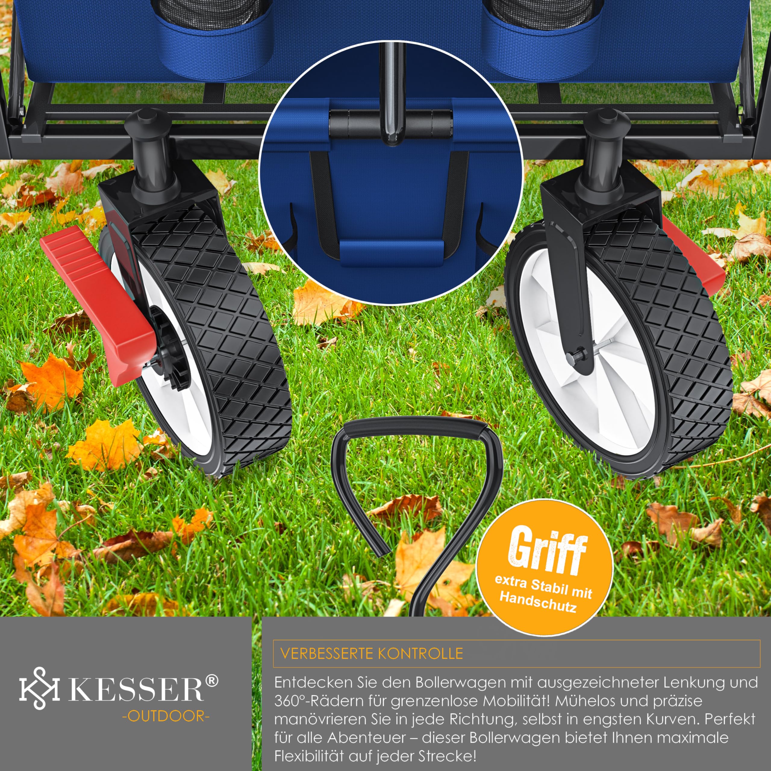 KESSER® Carrello pieghevole con tetto, carrello per attrezzi, con 2 tasche a rete e una tasca esterna, con freno anteriore, pieghevole, pneumatici in gomma piena, portata fino a 100 kg