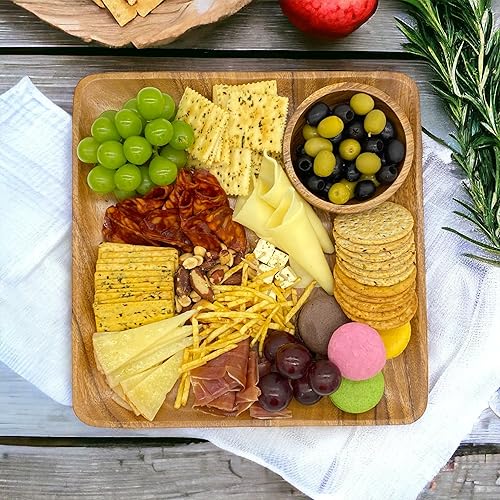 Miniatura 9 de Juego de 4 platos de madera de acacia cuadrados de 10 pulgadas, vajilla rústica para carne, barbacoa, embutidos o como cargadores de madera