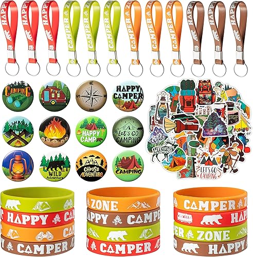 ANGOLIO Kit de 84 piezas de regalos de fiesta de campamento de primavera, regalos de fiesta de campista, pulseras de silicona, calcomanías,