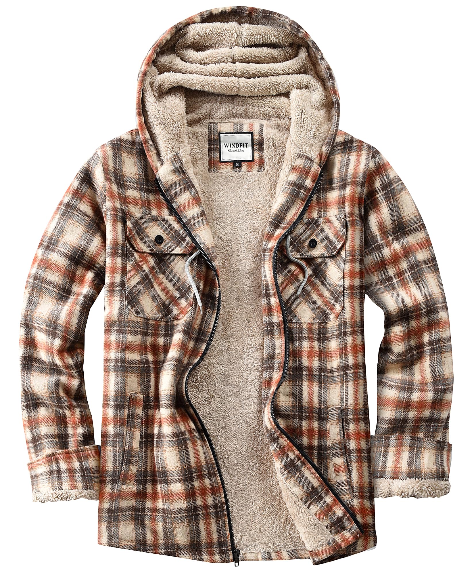WINDFIT Women's Full Zip Fleece Flannel Jacket Plaid Sherpa Lined Jacket for Women Beige Large