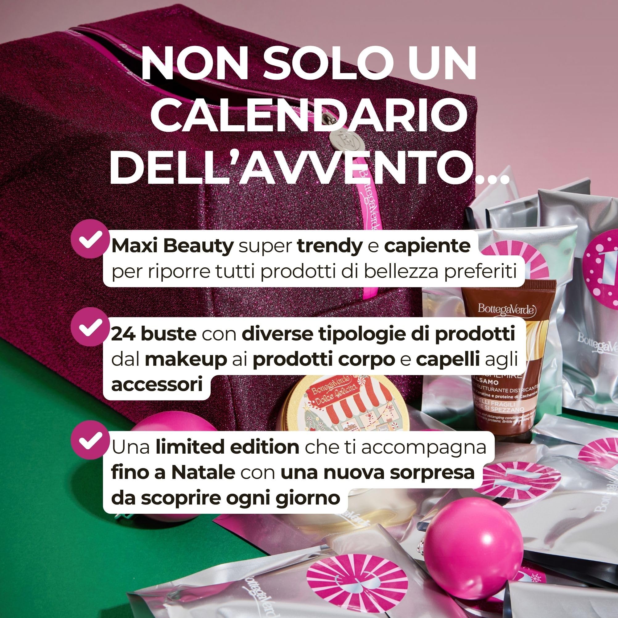 Bottega Verde - Calendario dell’Avvento 2025, Maxi Beauty con 24 Sorprese Giorno per Giorno, Shampoo, Creme, Profumi e Make-up, Idea Regalo Natale