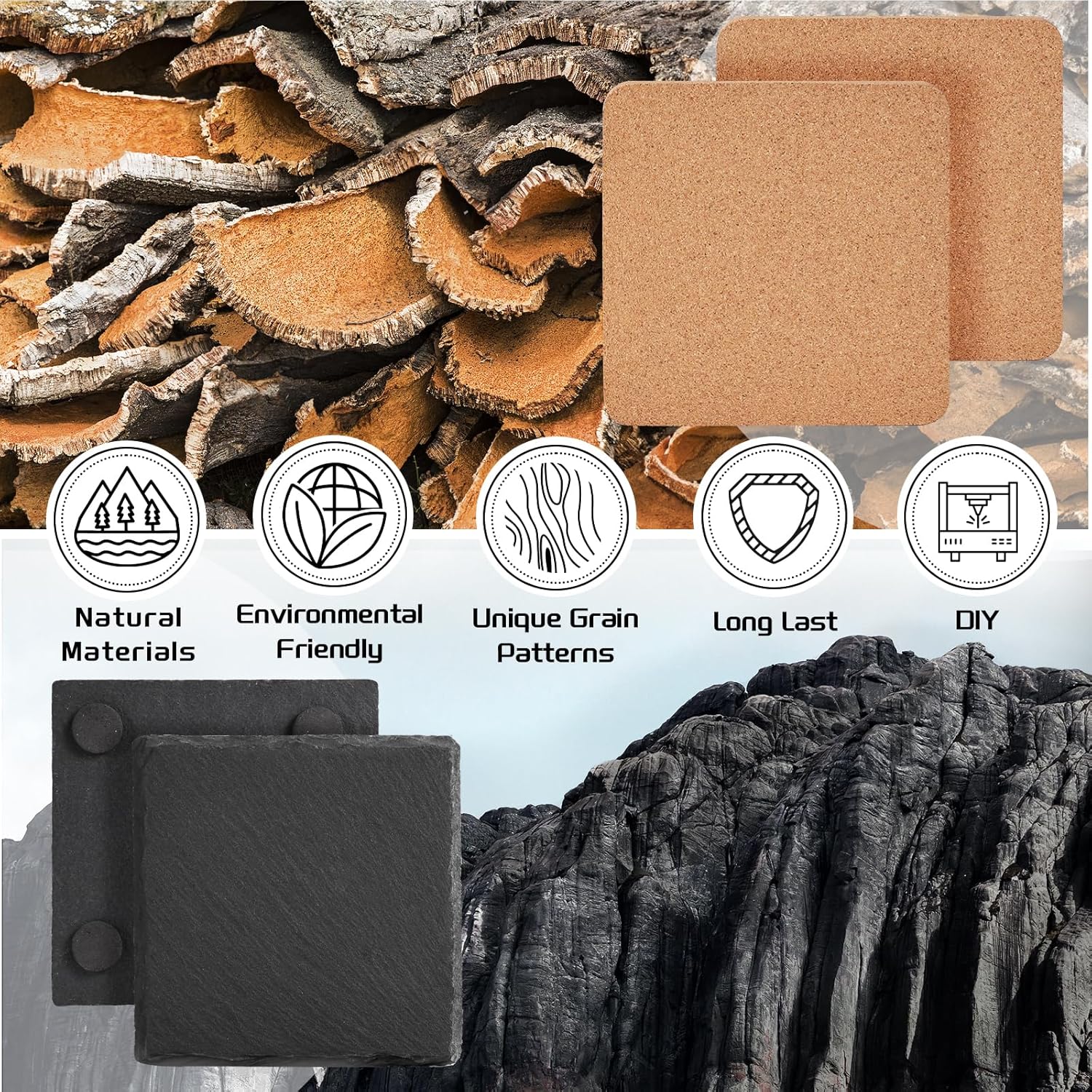 100 PCS Coaster Bulk for Laser Engraving, MAPRIAL 4 Inch 50 PCS Blanks Black Handmade Slate Stone Coasters, 50 PCS Cork Coasters, Engravable Materials for Engraver, Gifts, Crafts, Square - Image 8