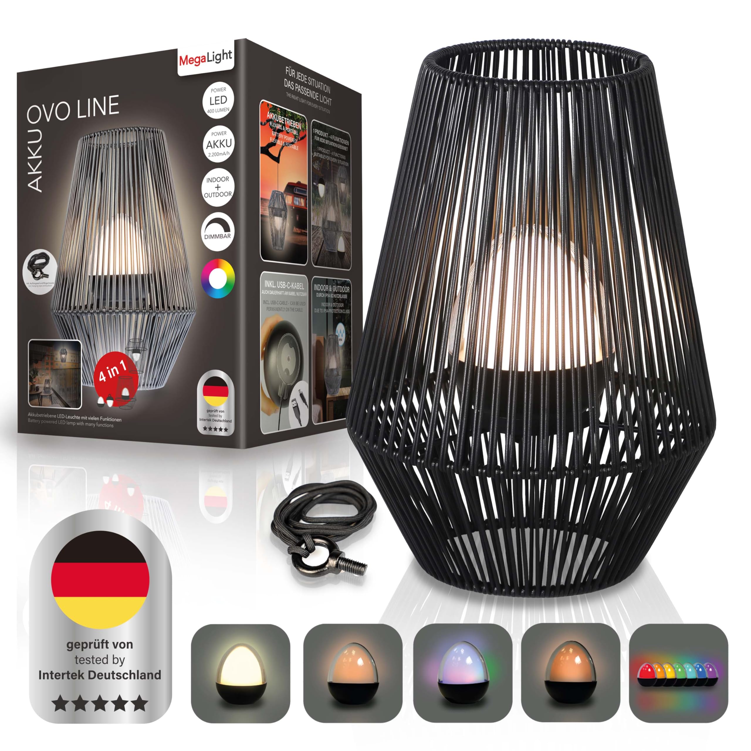 MegaLight LED Hängelampe | Hängeleuchte | Schlaffreundliches Licht | AKKU Lampe | Kabellos nutzbar | 1800K-3000K+RGB | Indoor & Outdoor | IP54 & SPRITZWASSERGESCHÜTZT