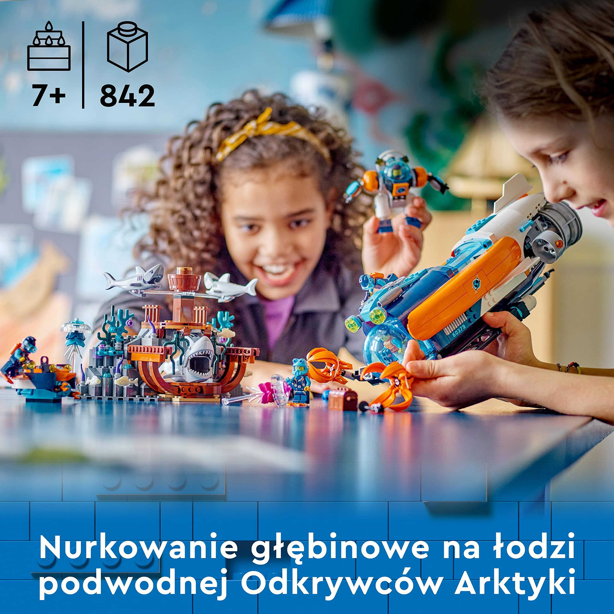 LEGO 60379 City Łódź podwodna badacza dna morskiego, Zabawka Podwodna dla Dzieci z Dronem i Figurkami Rekinów, Wrak Statku i Minifigurki, Pomysł na Prezent dla 7-latka, Dziewczynki i Chłopca