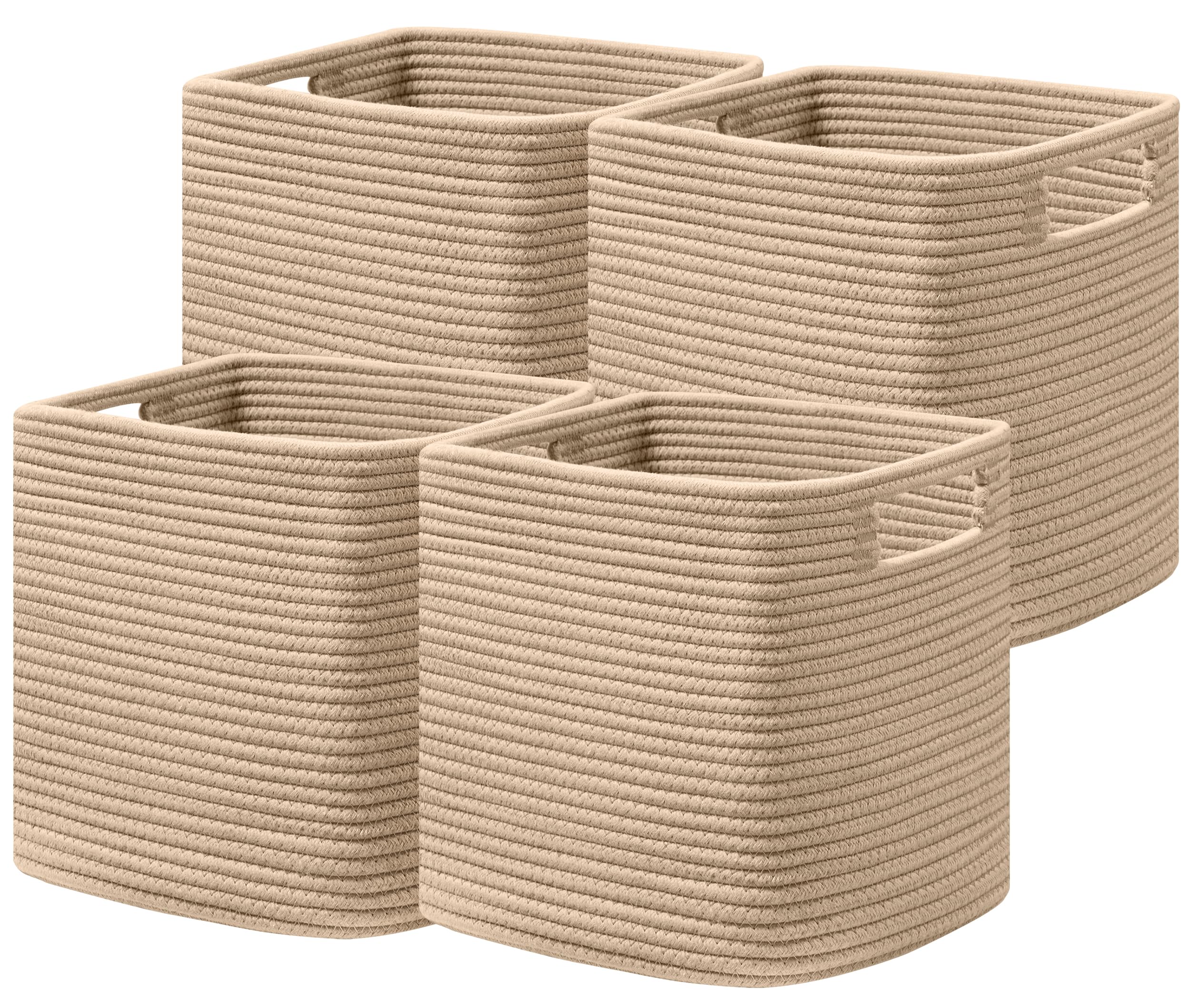 UBBCARE Set of 4 Storage Basket-11 X 10.5 X 10.5 In, Cotton Rope Basket for Shelves, Toys, Book, Cube Storage Bins with Handles, Woven Storage Basket for Organizing, Brown