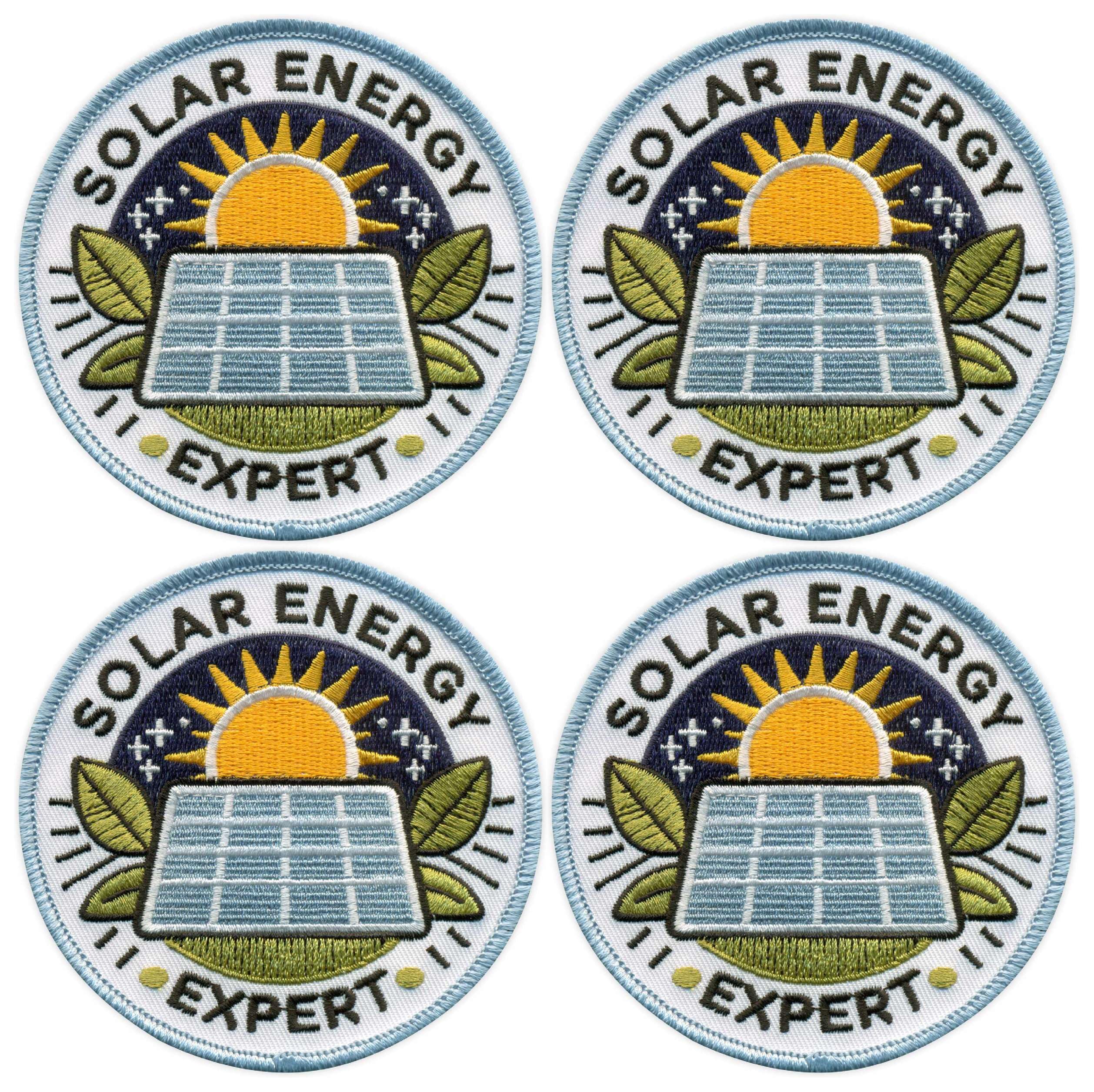 Set di quattro toppe rotonde con sfondo bianco – Solar Energy Expert – nero VEIcro/retro con – toppa ricamata/badge/emblema