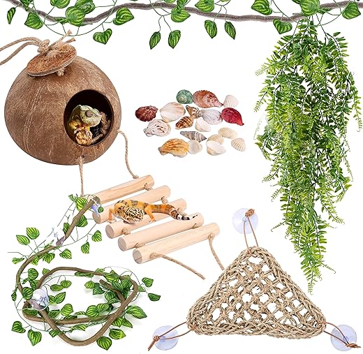 Woiworco 20 Packs Bearded Dragon Accessories, Including Reptiles Hanging Plants, Artificial Bendable Climbing Vines, Hammock, Shells and Hidden Coconut Shell...