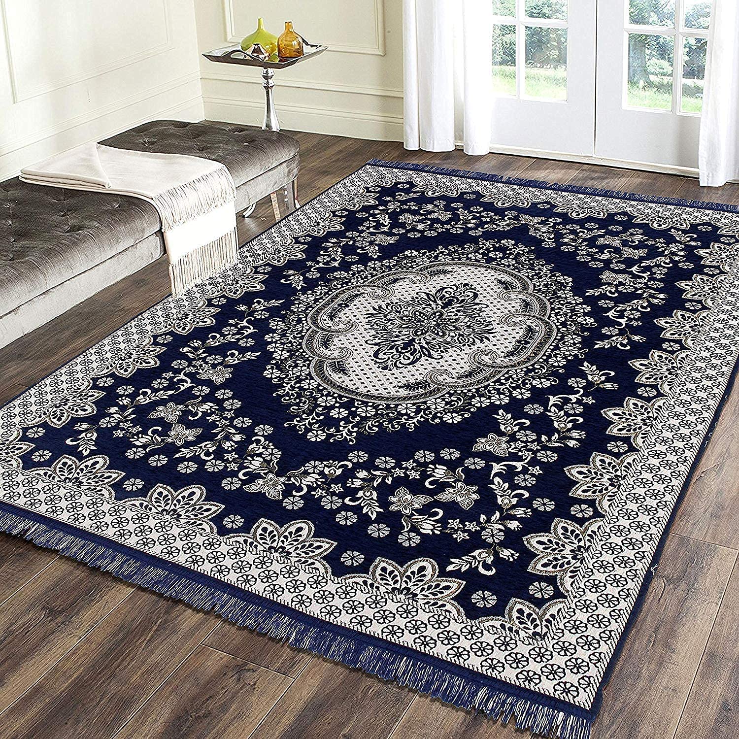 PEPONI Velvet Touch Extra Long Floral Antique Carpet (Chenille, 10 X 12 Feet) (Blue 10/12 FT Carpet)-image-32