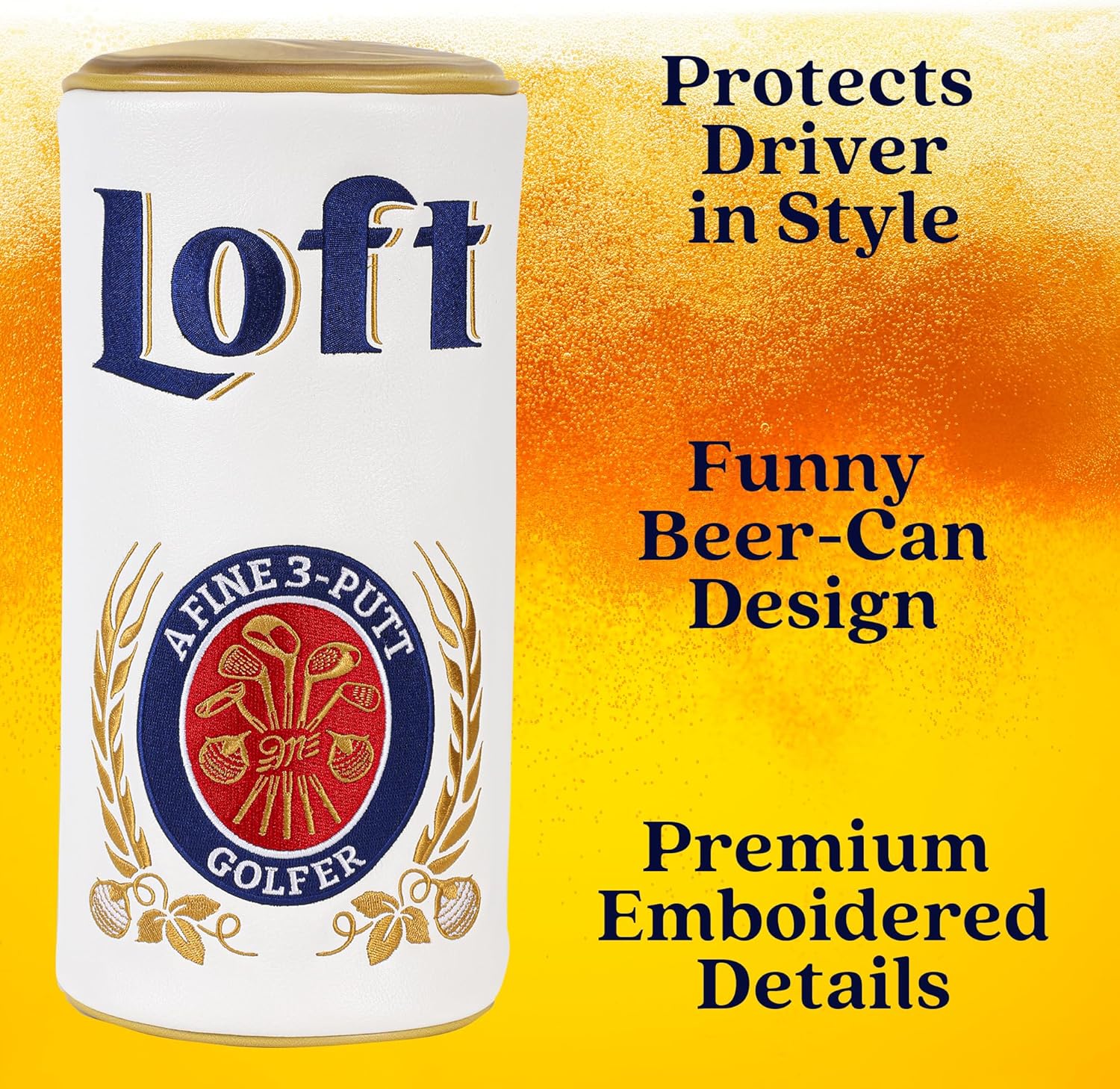 Golf Driver Headcover - Beer Can Shaped Barrel Style Funny Head Cover, Tour Grade PU Leather Golf Club Cover (Mulligan Loft)