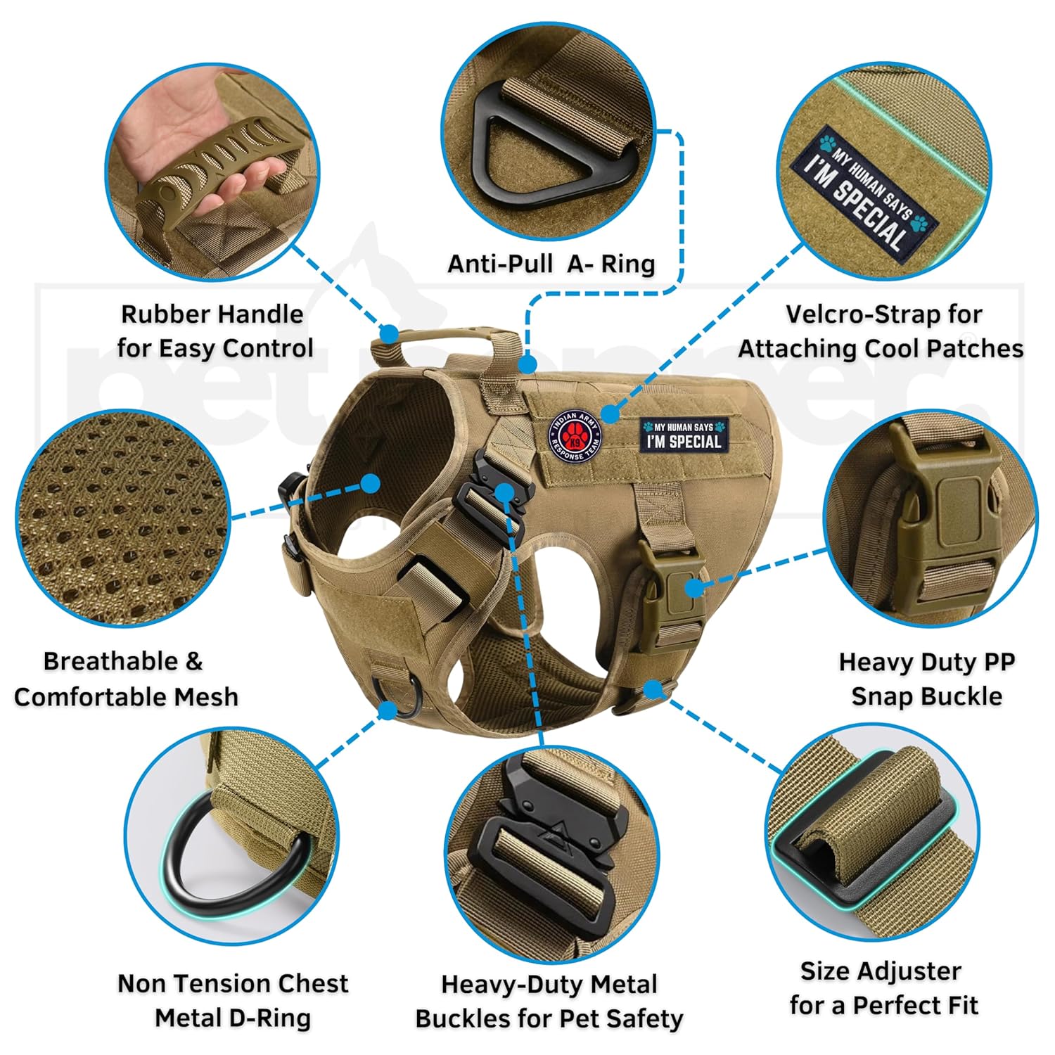 PET PEPPER Dog Harness Leash – Combo | Tactical Harness with Military Standard Metal Buckles | 5-in-1 Shock Absorbing Reflective Bungee Leash with Traffic Handle | for Medium to Large Dogs (Brown, M)