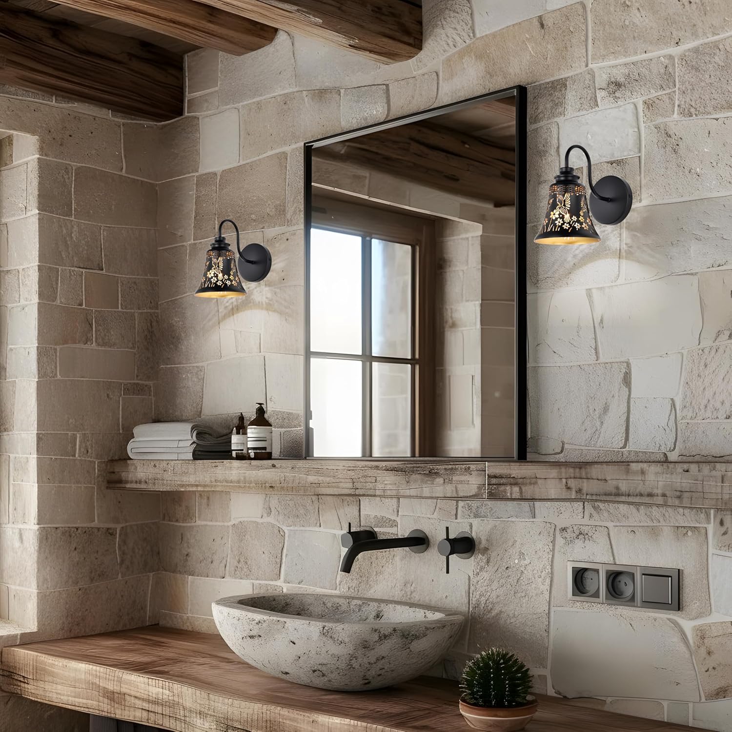 Rustic Wall Sconce Light,Hummingbird Floral Black Gold Industrial Sconce with Speckled Gold Finish,Gooseneck Vanity Lights for Bathroom,Farmhouse Wall Mounted Lights for Bedroom,Living Room