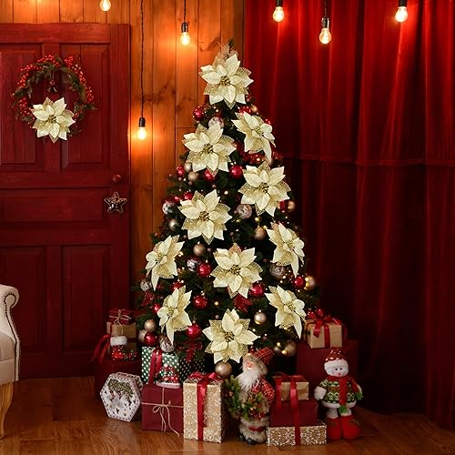 Miniatura 6 de Flores de Pascua artificiales con purpurina y clips de bricolaje para decoración, adornos y coronas de Navidad para decorar árboles de Navidad y