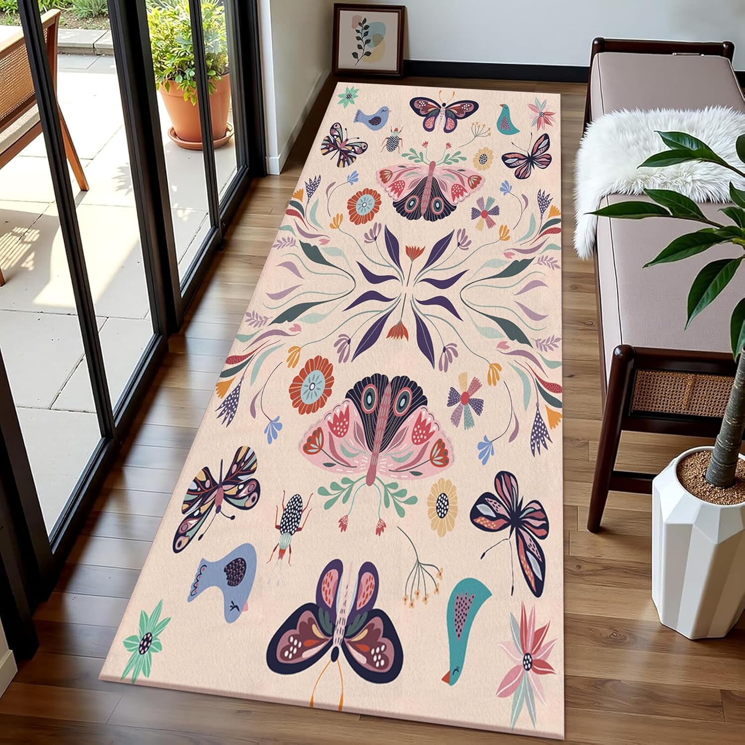 Pink Floral Butterfly Rug Non-Slip Runner - Animal Pattern Bohemian Floor Mat for Hallway, Living Room, Nursery, Low Pile Easy Clean Carpet 2x6 ft