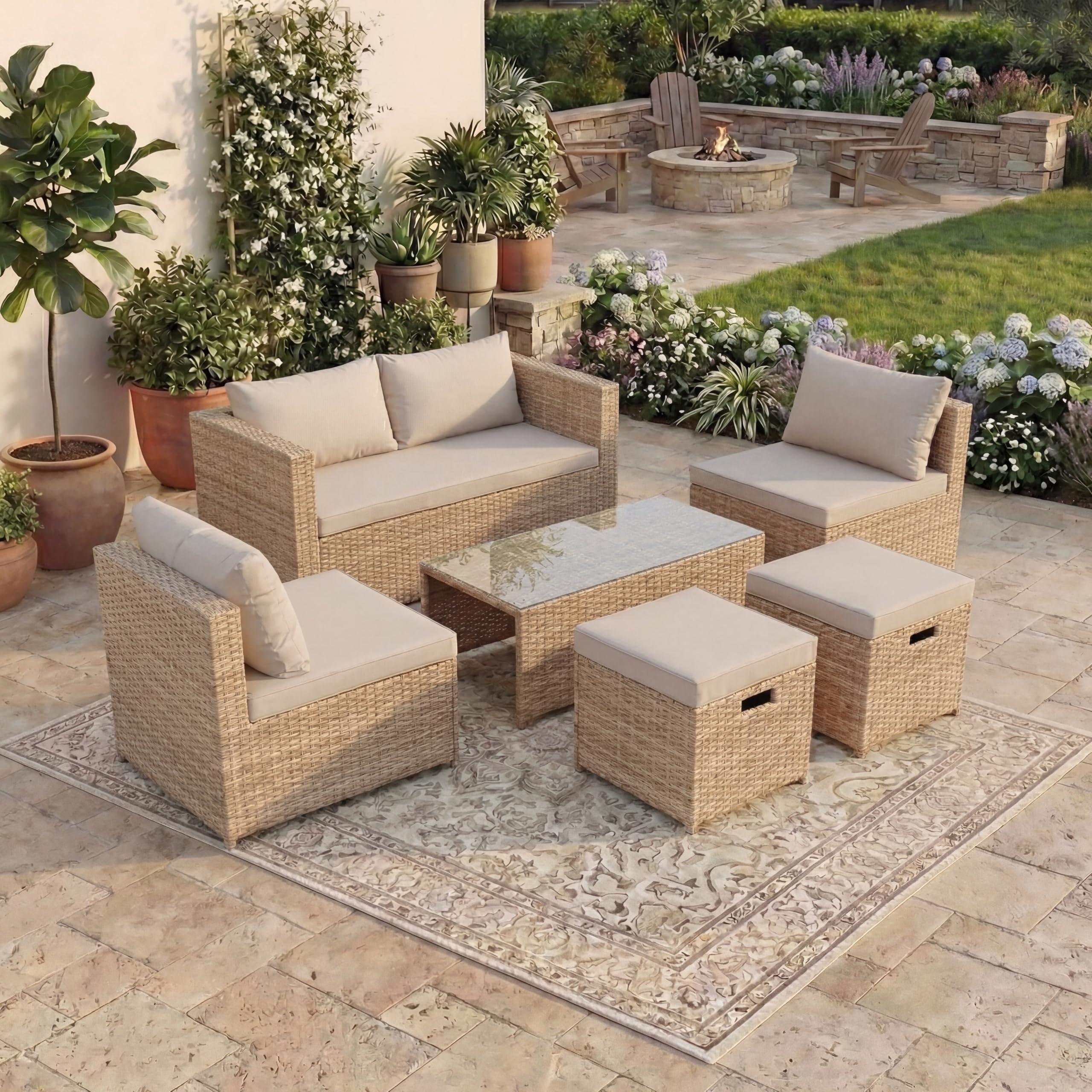 Garden Vida Islay 6 Seater Rattan Seating Set | Natural | Complete Outdoor Patio Garden Furniture Set | Steel Frame & PE Wicker | UKFR Certified | Weather Resistant, Tempered Glass, With Cushions