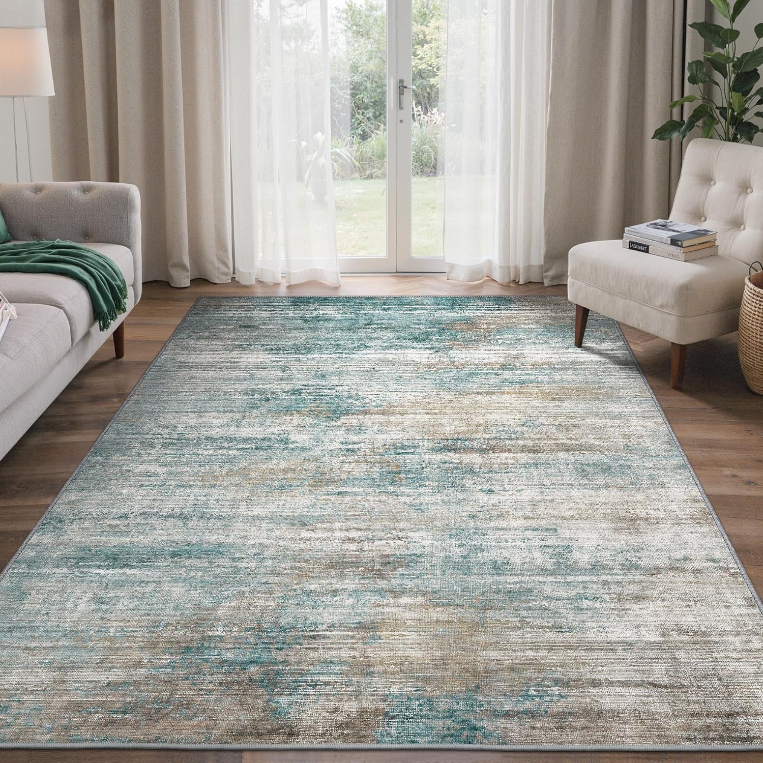 Area Rugs 8x10 for Living Room Bedroom, Modern Abstract Machine Washable Rug, Large Soft Low Pile Floor Carpet with Non Slip Backing for Dining Room, Teal/Grey Teal/Grey 8' x 10' (Rectangular)