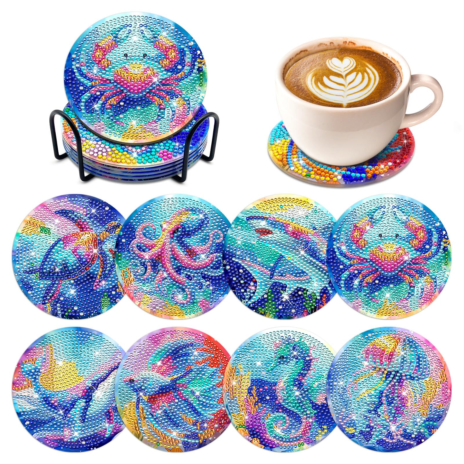 ZTOTZ 8 Pcs Ocean Diamond Painting Coasters Kits with Holder,Sea Creature Diamond Art Painting Coaster Kit, Non Slip Coaster Art Supplies for Adults Beginner, Ideal Christmas Gift (Sharks,Jellyfish)