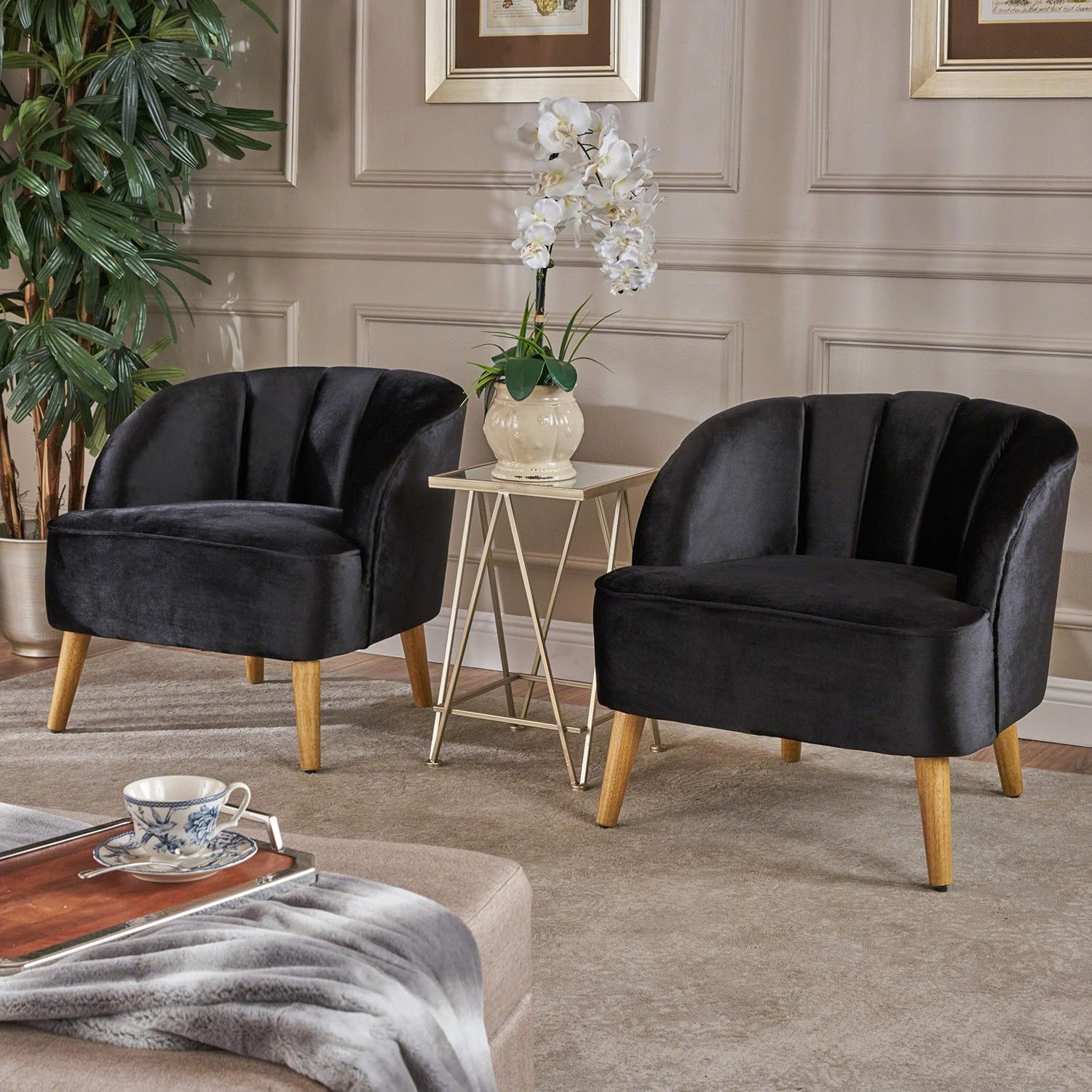Christopher Knight Home Amaia Modern Velvet Club Chairs, 2-Pcs Set, Black / Walnut
