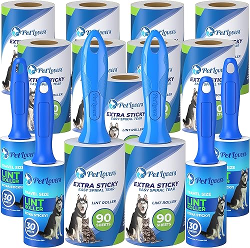 PetLovers Juego de 1110 rollos extra pegajosos para eliminar pelusas de mascotas, perros y gatos, 9 recambios y 4 mini rodillos de tamaño de viaje