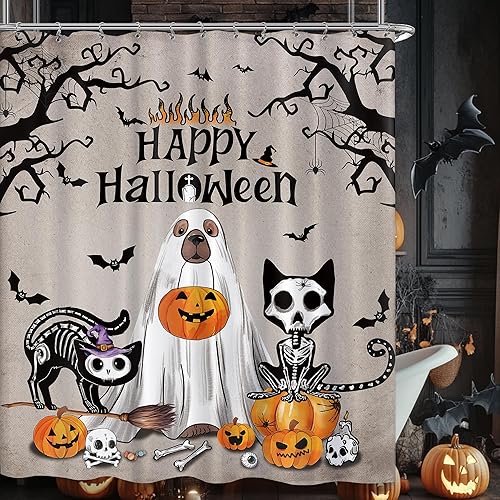 Miniatura 5 de Cortina de ducha de calabaza espeluznante divertida para Halloween, fantasma, perro, gato, para baño, bonita y divertida decoración de bañera