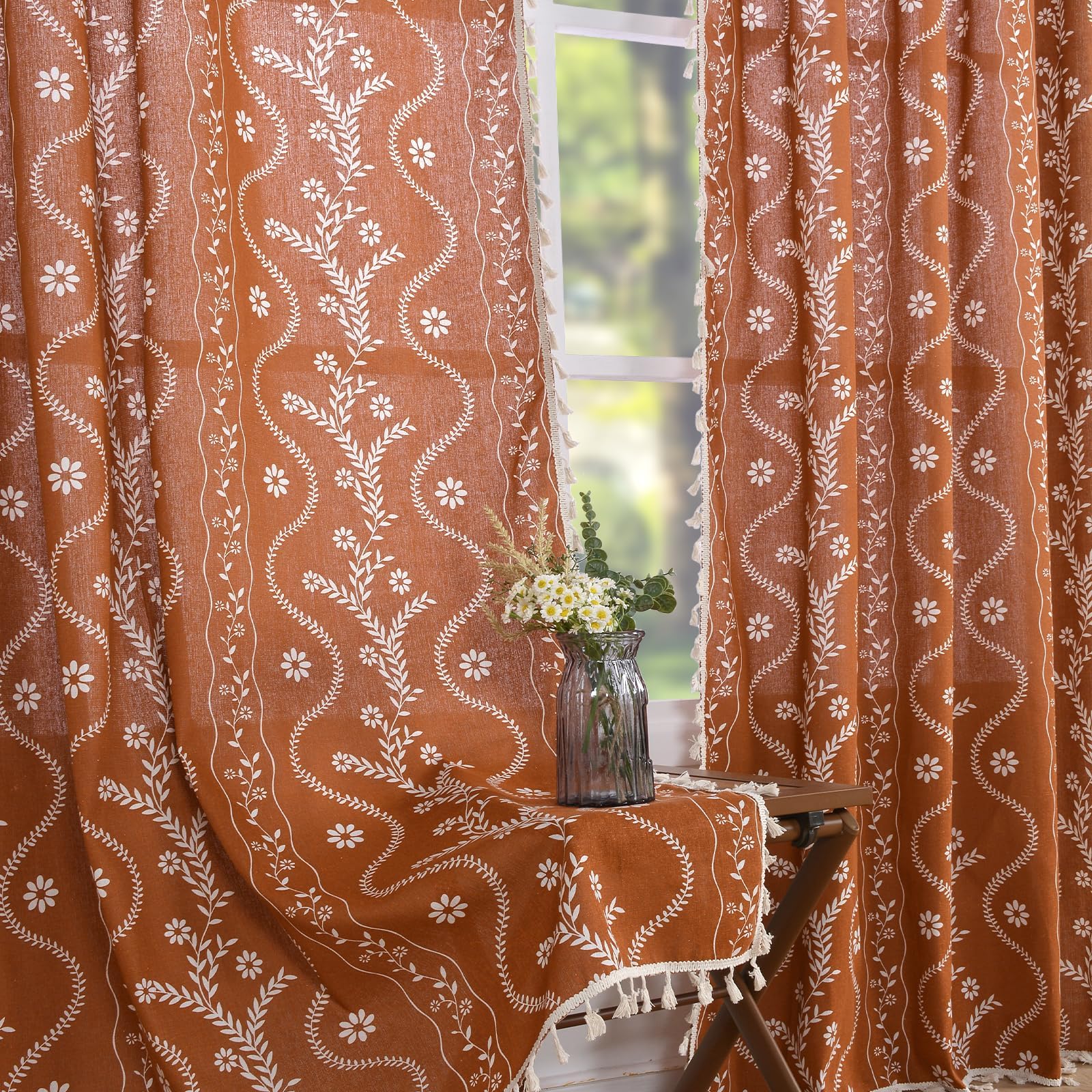 Boho Terracotta Curtains for Living Room 63 Inches Long Semi Sheer Linen Floral Curtains Vintage Farmhouse Window Curtain 2 Panel Sets for Dining Room Kitchen Rust Colored