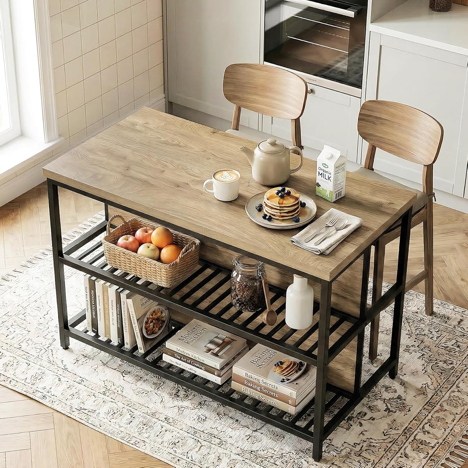 LITTLE TREE 55-Inch Kitchen Island Table with Storage, 3-Tier Stationary Center Island Table with Metal Base, Farmhouse Rustic Kitchen Island, Brown