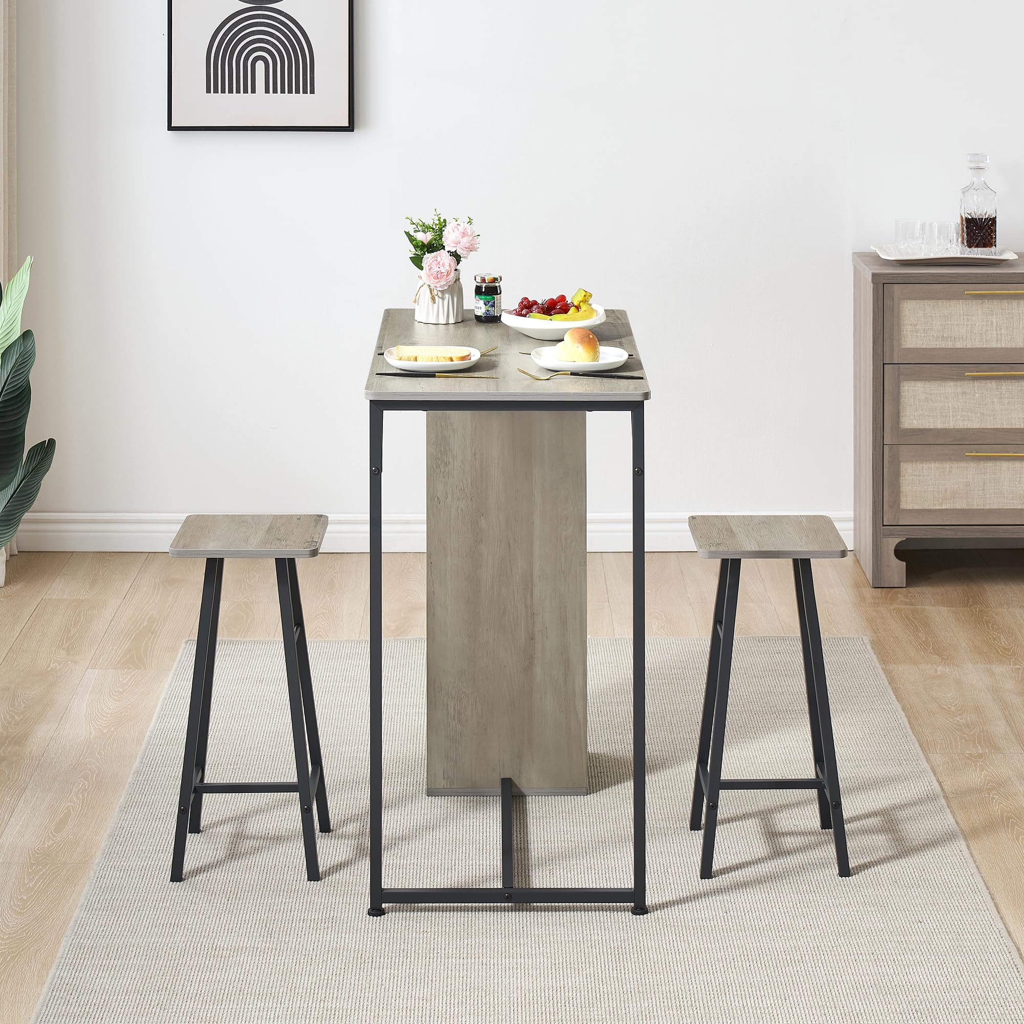 Garvee 3-teiliges Bartisch-Set, küchentisch für 2 Personen, Bartisch Mit Barhocker Tisch mit Metallgestell und Schublade, inklusive 2 Stehhockern und 2 Ablageflächen