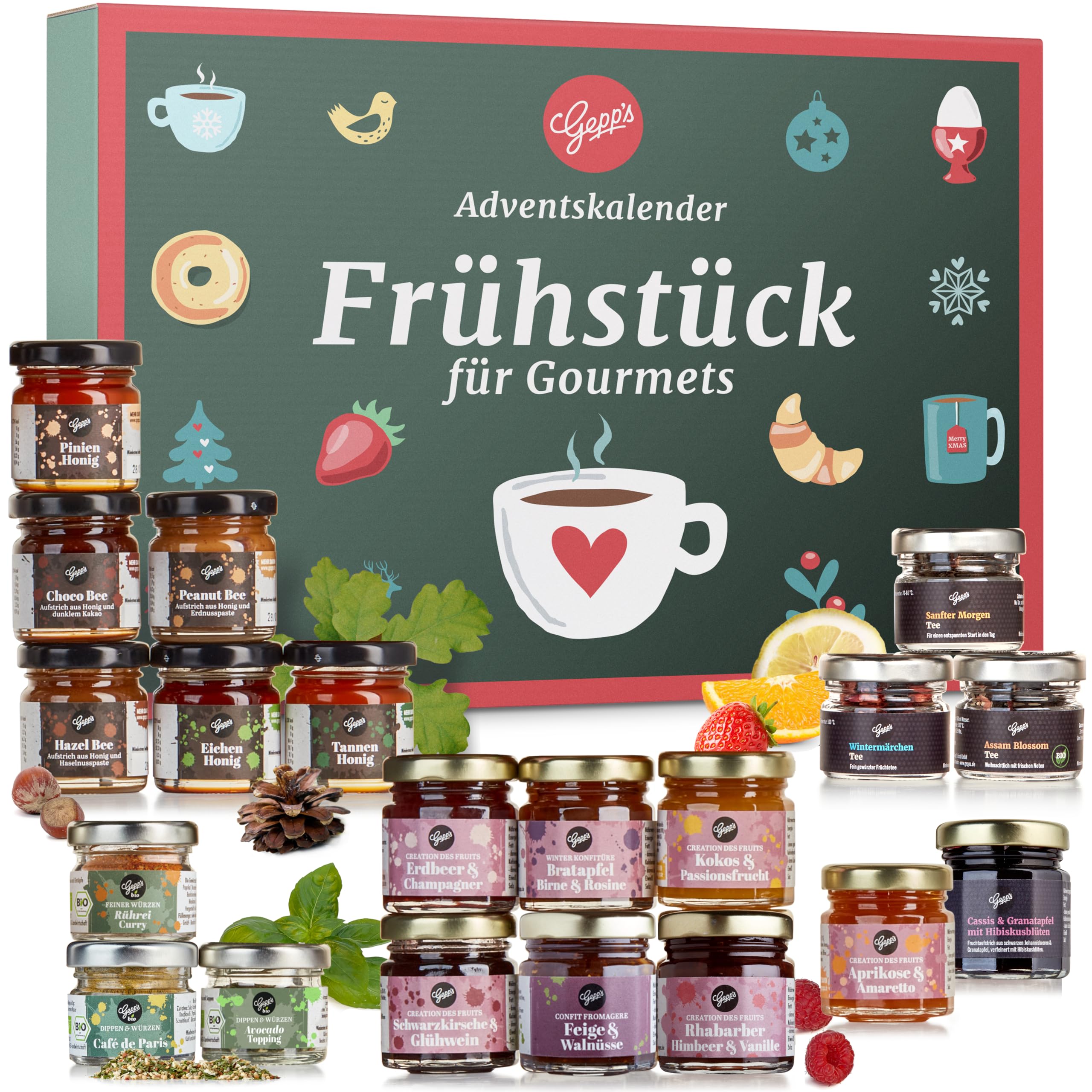 Gepp's Feinkost-Adventskalender "Frühstück" I Weihnachtskalender gefüllt mit 24 ausgewählten Lebensmitteln wie Tees, Honig & Konfitüre I Bio- Weihnachtskalender mit Delikatessen für Gourmets